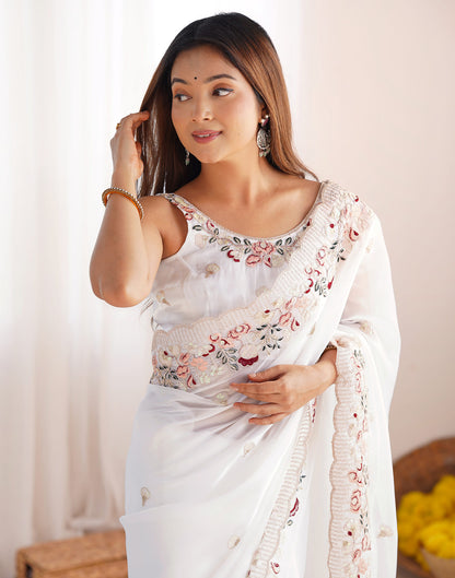 White Chiffon Embroidery Embellished Saree