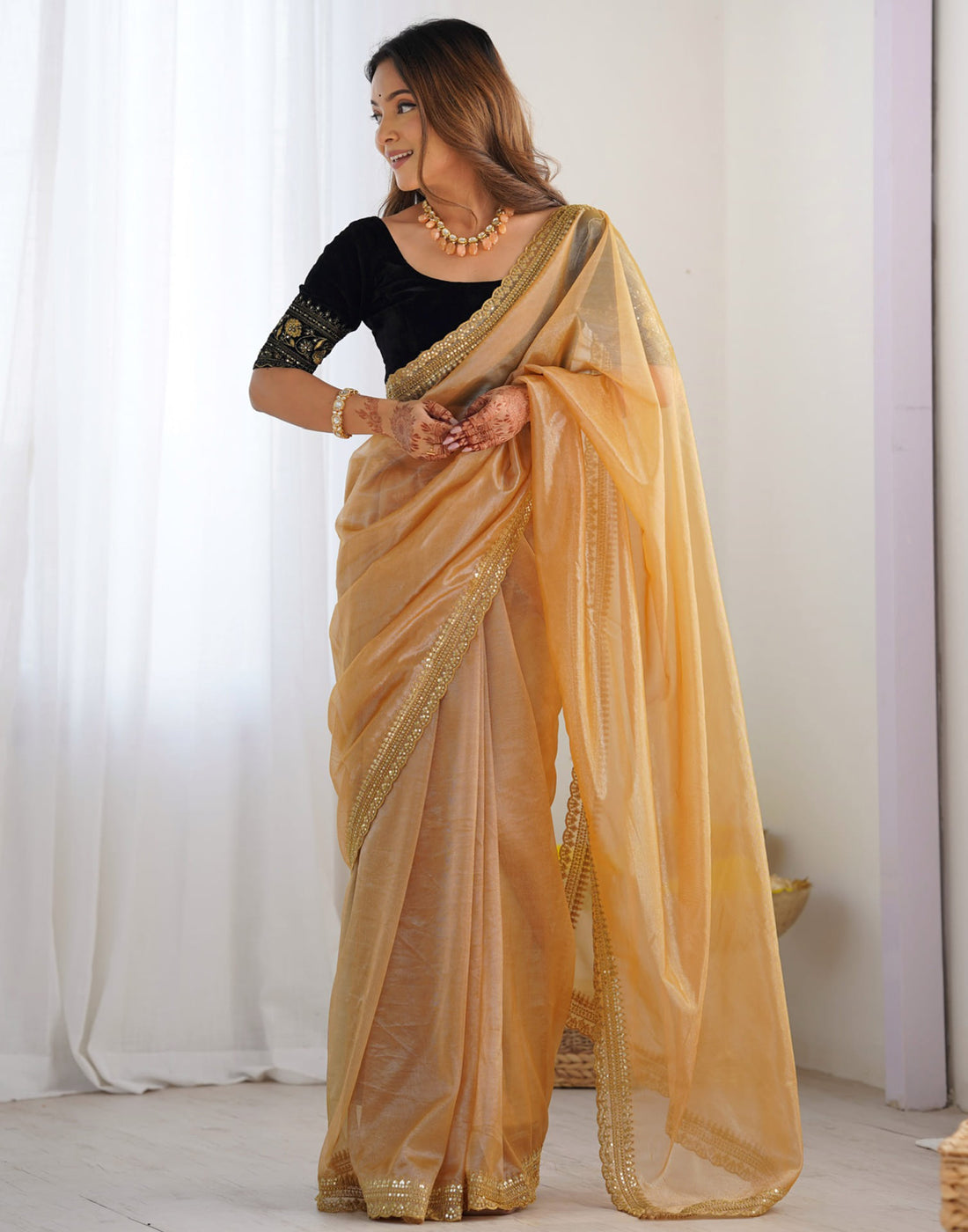 Beige Shimmer Embroidery Embellished Saree