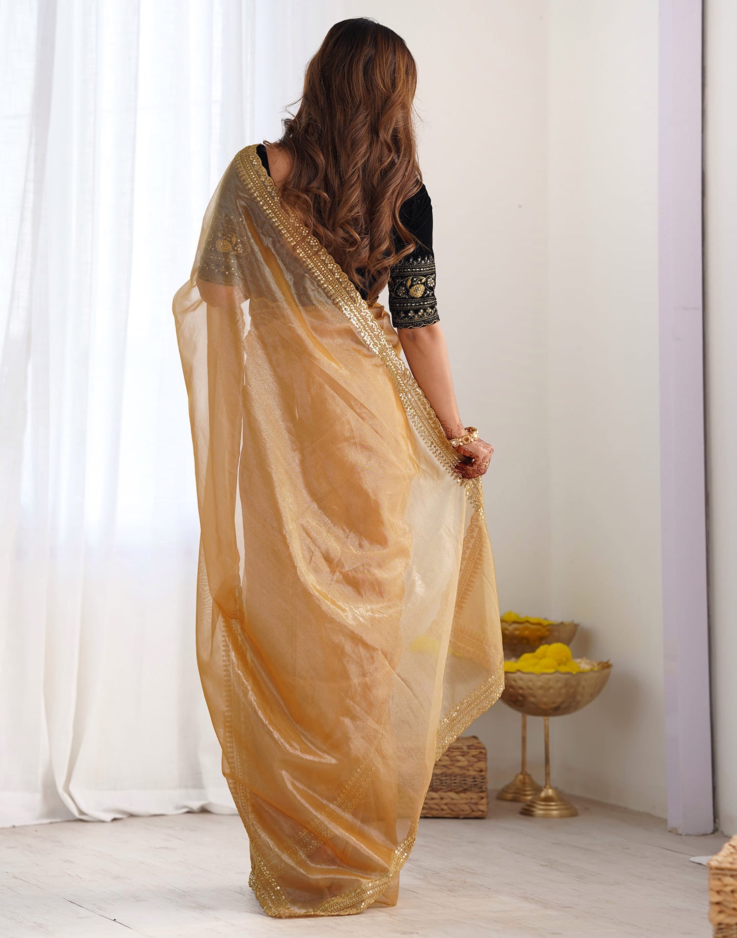 Peanut Brown Net Embroidery Embellished Saree