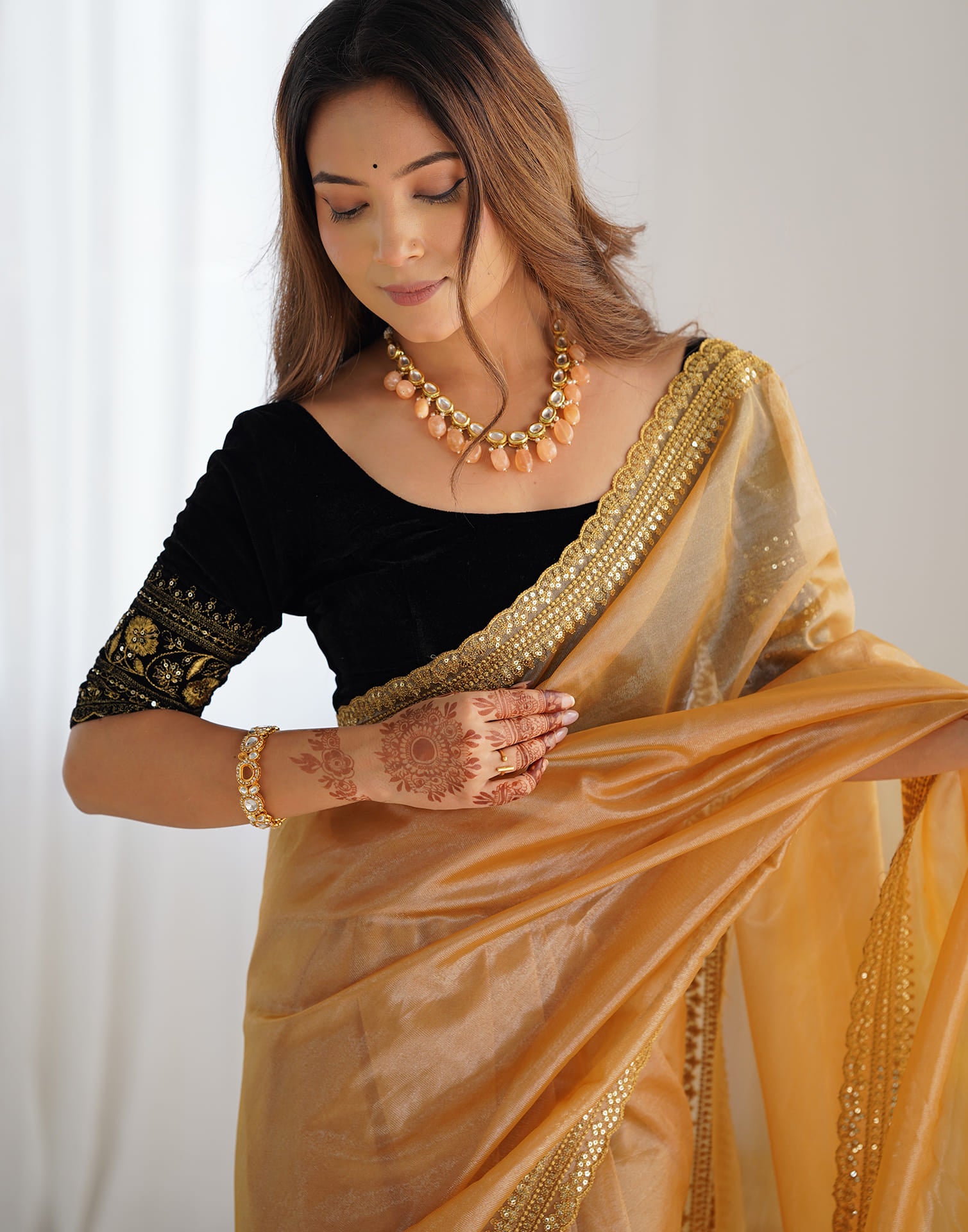 Peanut Brown Net Embroidery Embellished Saree