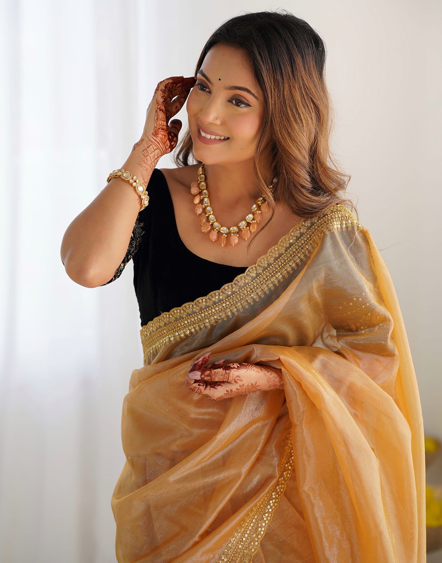 Peanut Brown Net Embroidery Embellished Saree