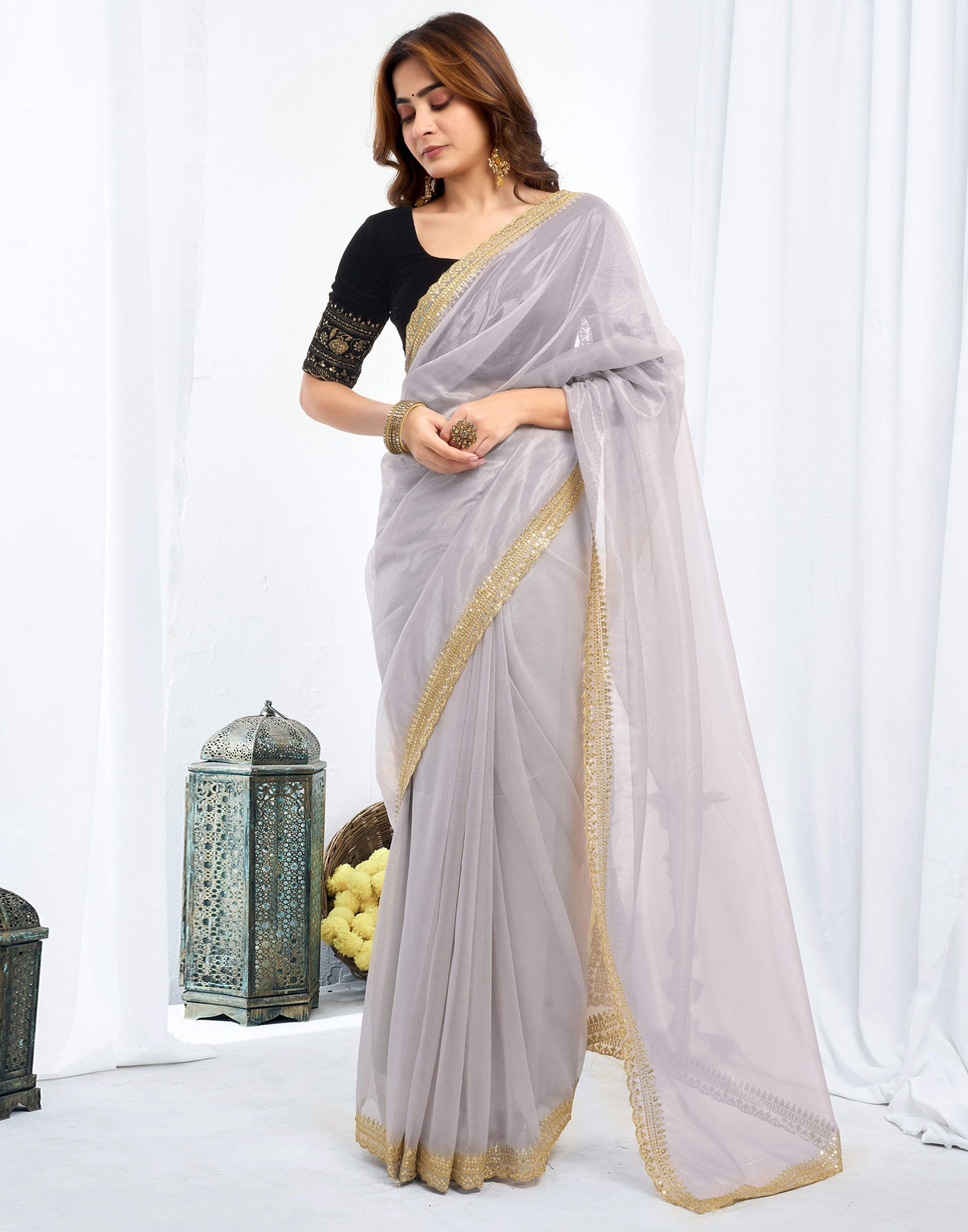 Grey Shimmer Net Sequence And Embroidery Border Saree
