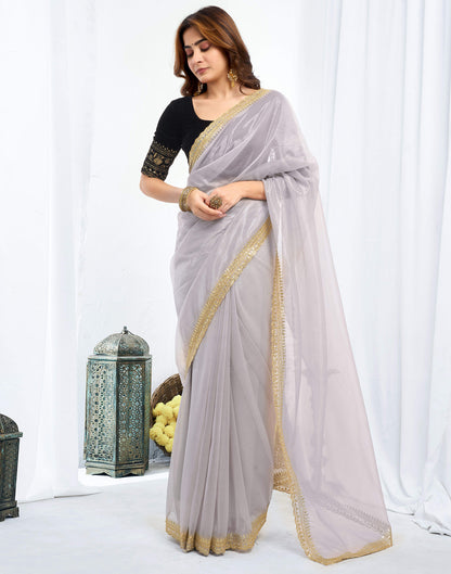 Grey Shimmer Net Sequence And Embroidery Border Saree