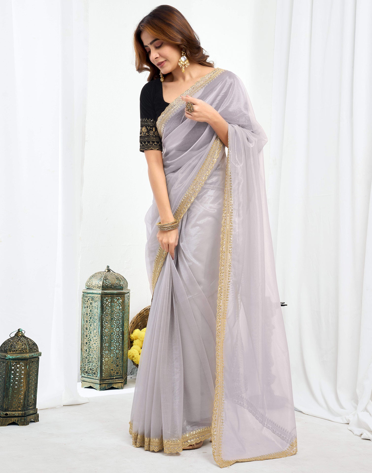 Grey Shimmer Net Sequence And Embroidery Border Saree