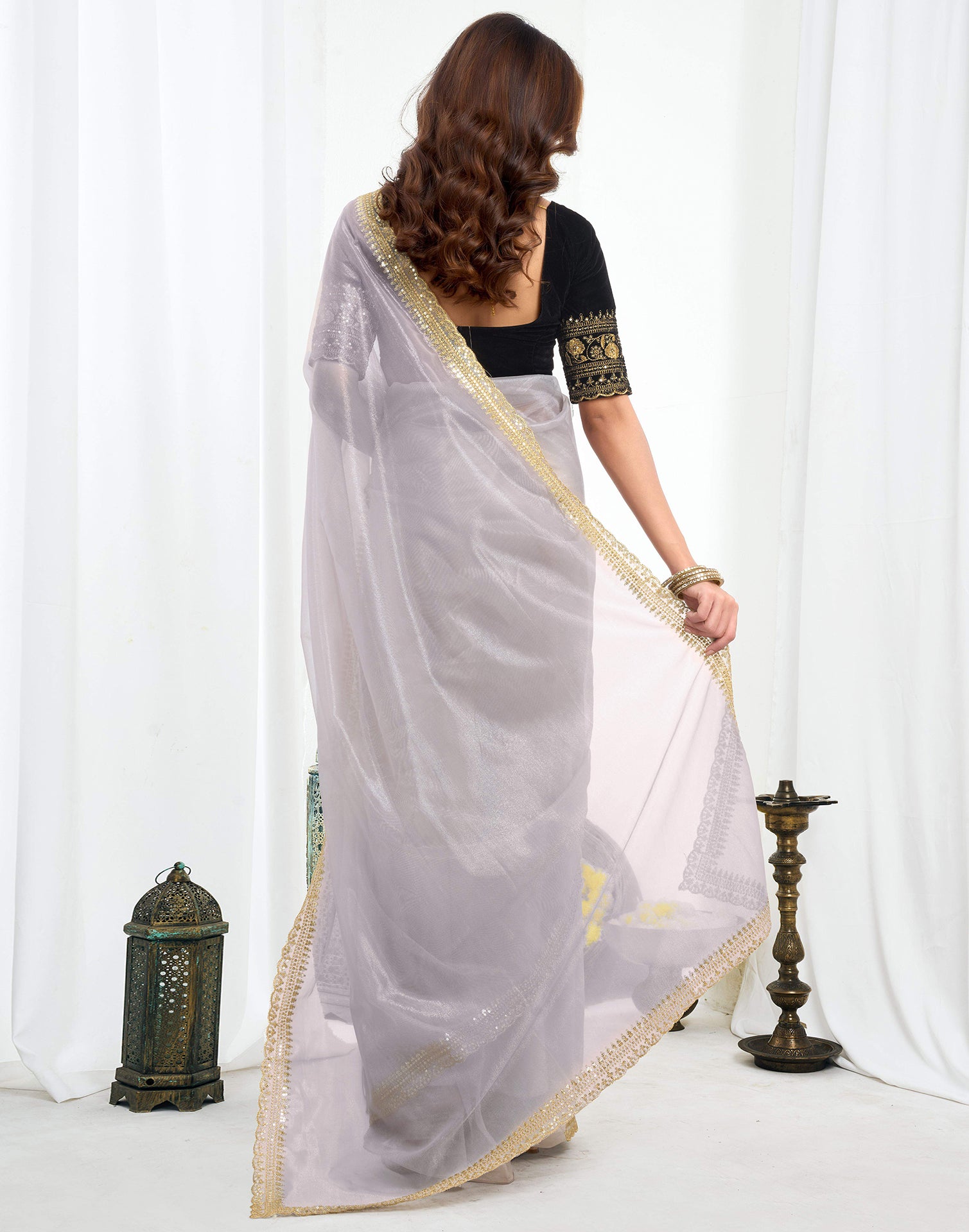 Grey Shimmer Net Sequence And Embroidery Border Saree