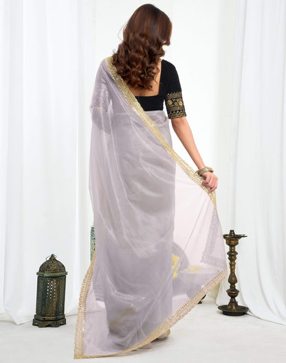 Grey Shimmer Net Sequence And Embroidery Border Saree