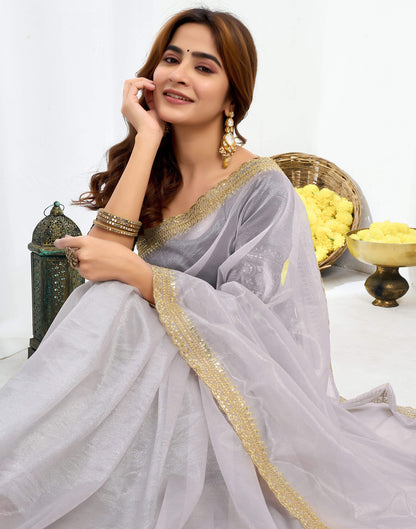 Grey Shimmer Net Sequence And Embroidery Border Saree