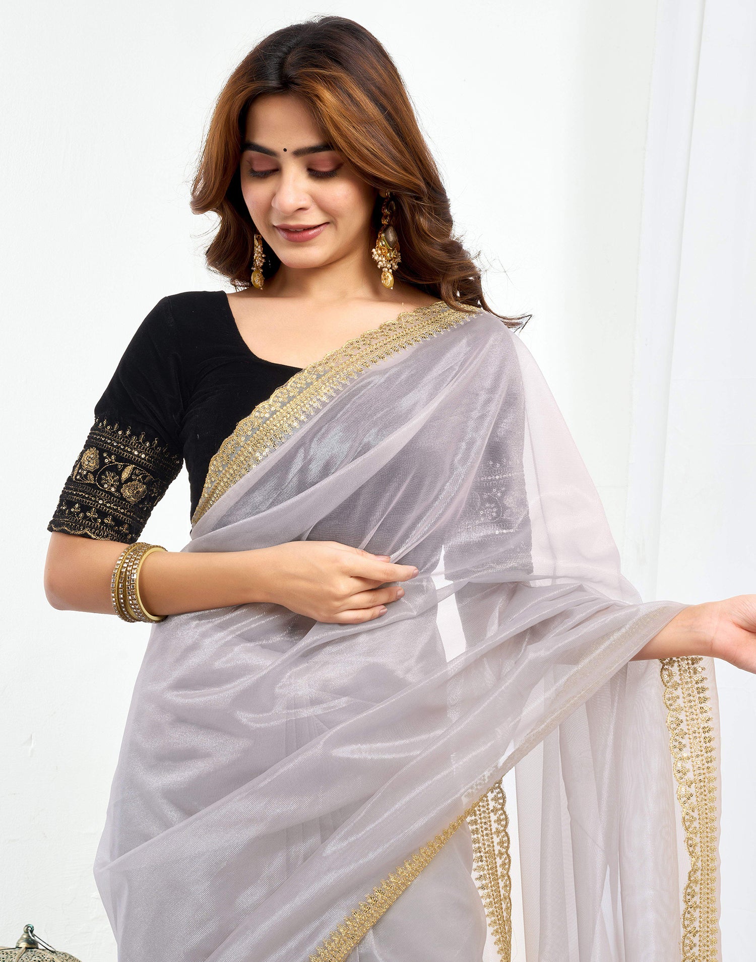 Grey Shimmer Net Sequence And Embroidery Border Saree