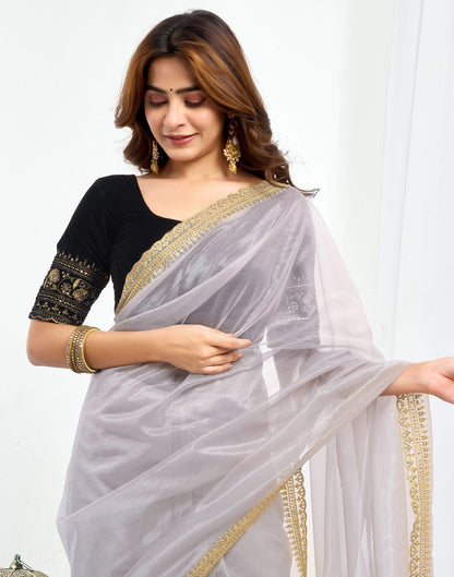 Grey Shimmer Net Sequence And Embroidery Border Saree
