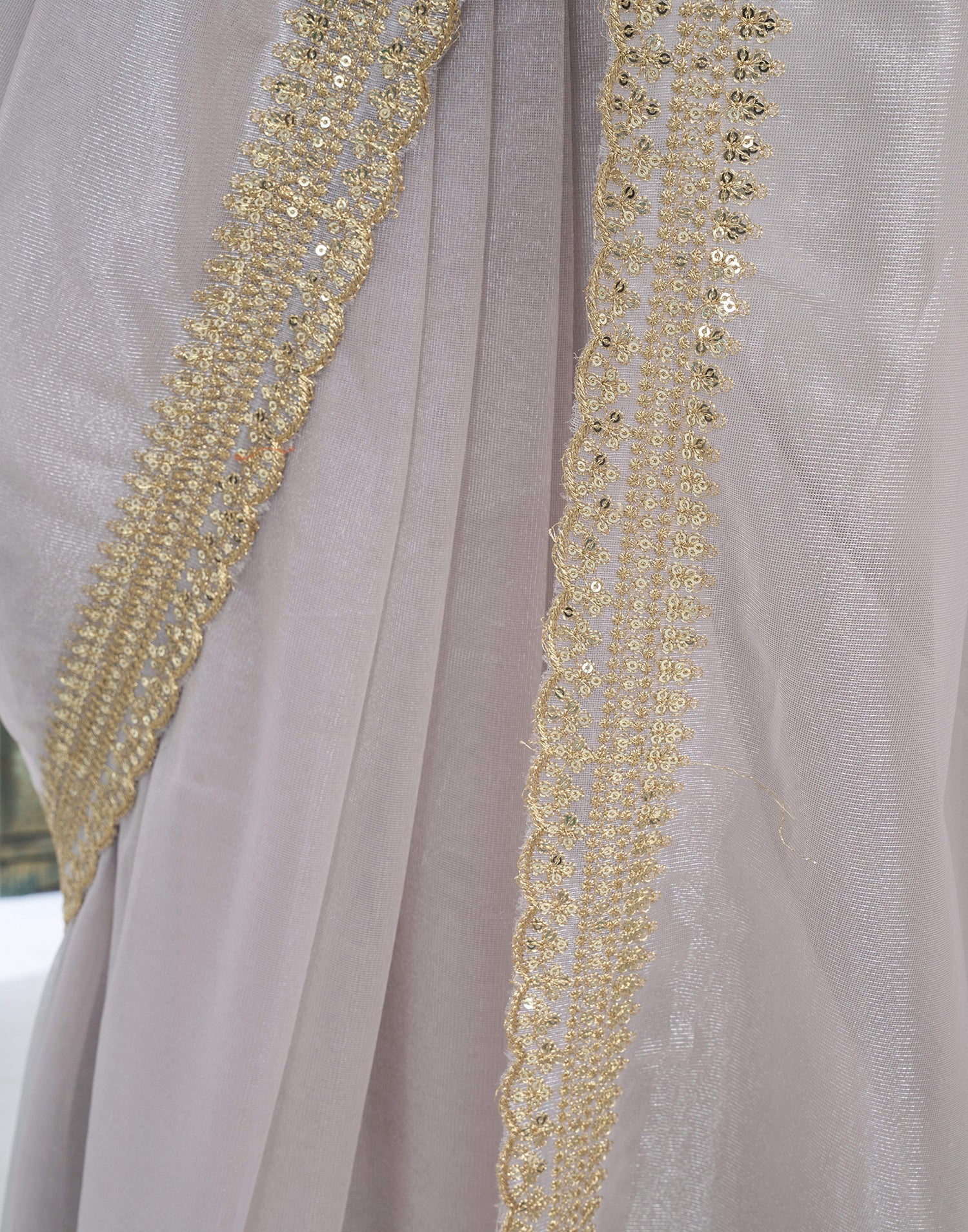 Grey Shimmer Net Sequence And Embroidery Border Saree