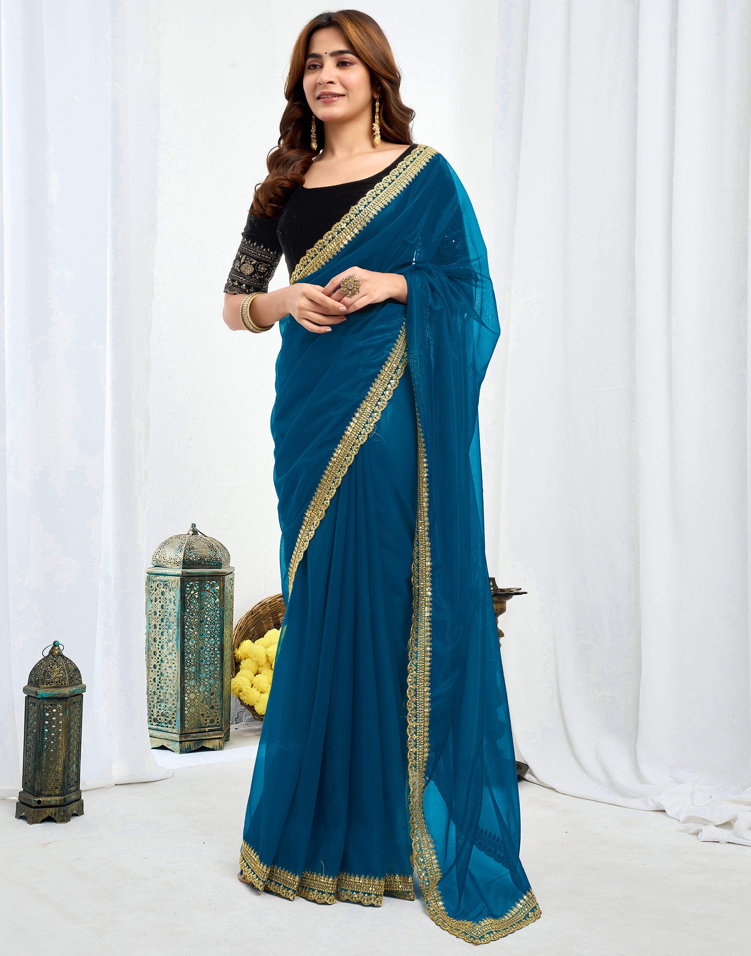 Rama Blue Shimmer Net Sequence And Embroidery Border Saree