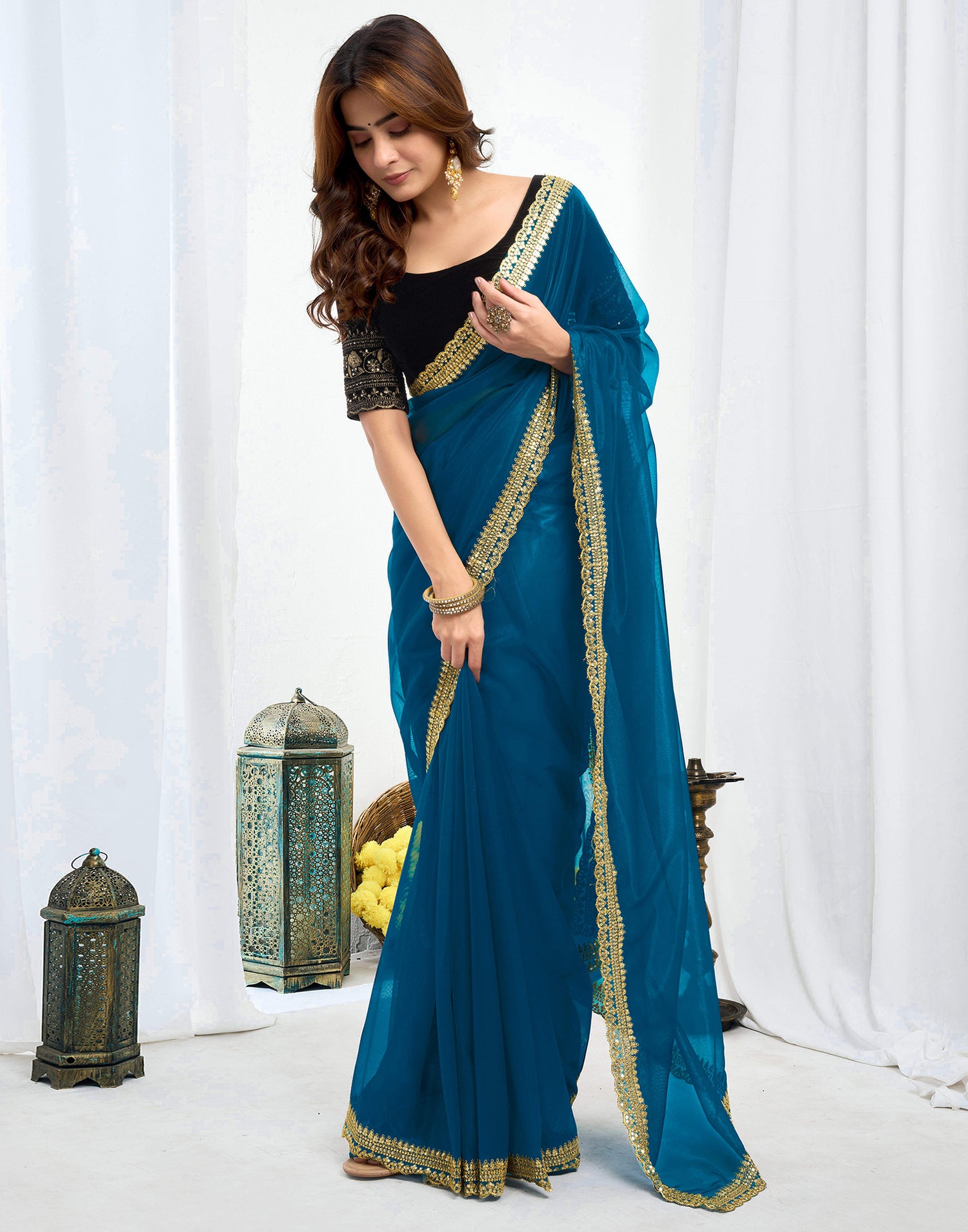 Rama Blue Shimmer Net Sequence And Embroidery Border Saree