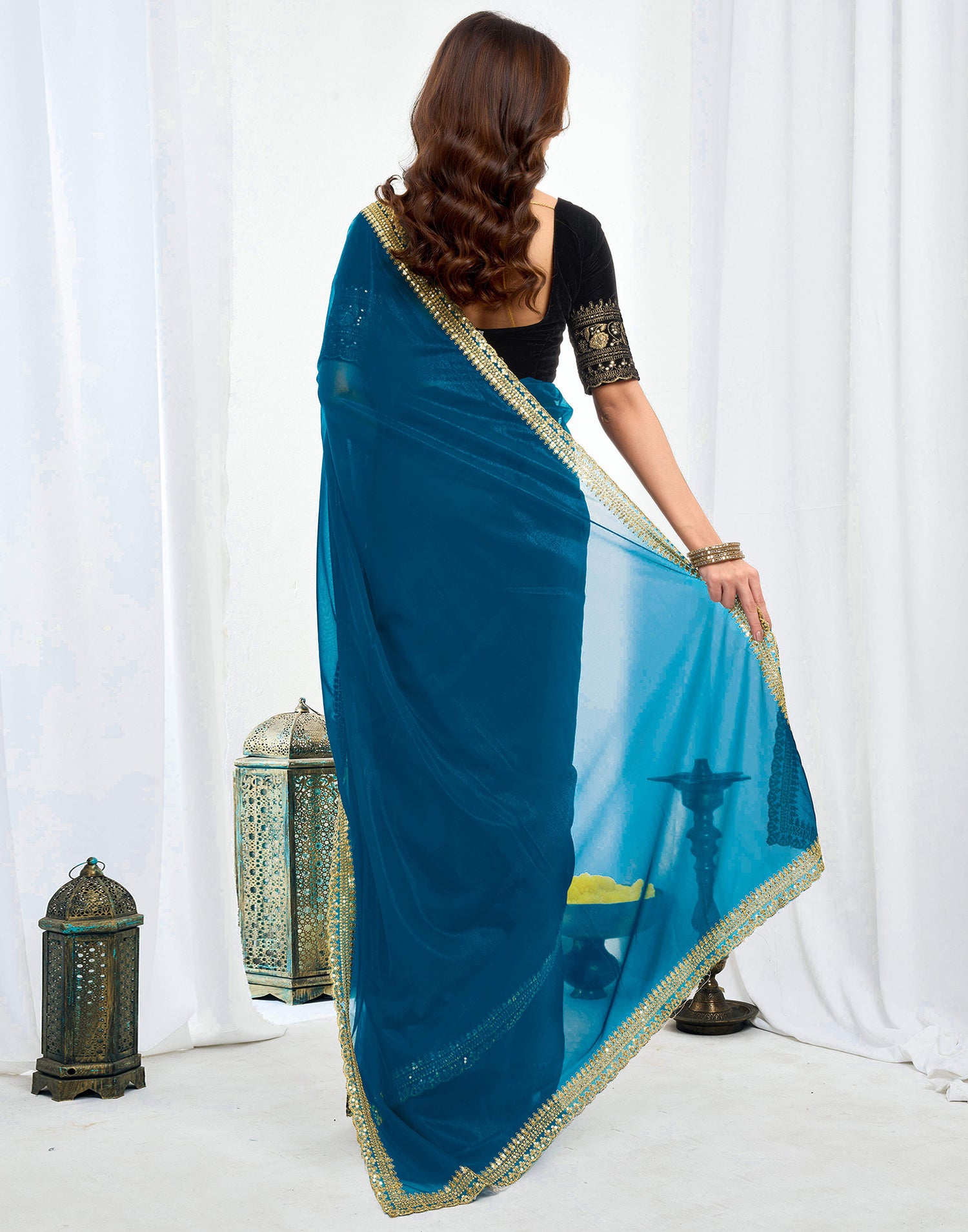 Rama Blue Shimmer Net Sequence And Embroidery Border Saree