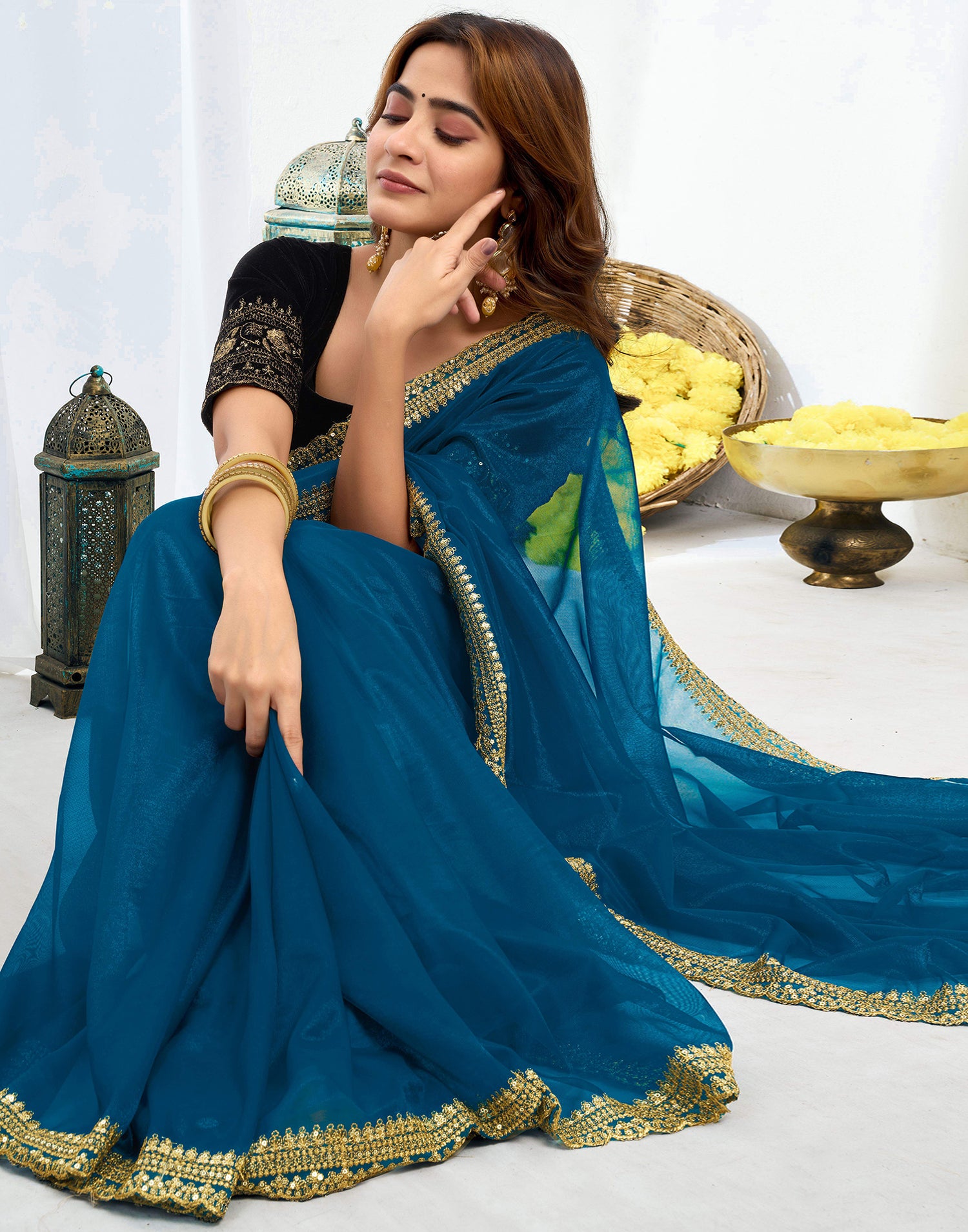 Rama Blue Shimmer Net Sequence And Embroidery Border Saree
