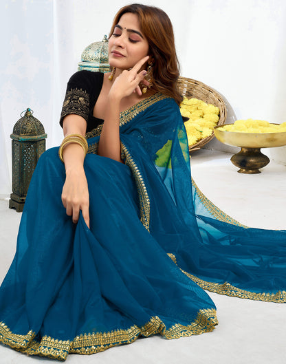 Rama Blue Shimmer Net Sequence And Embroidery Border Saree