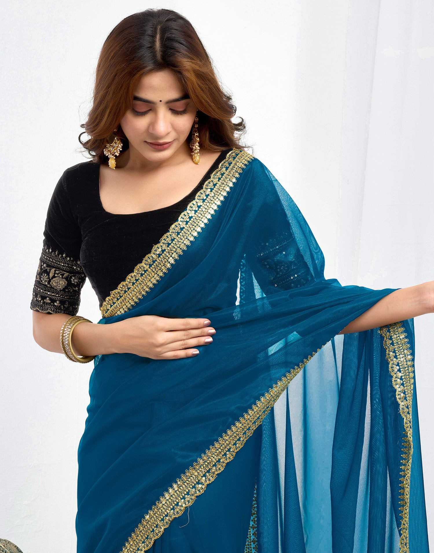 Rama Blue Shimmer Net Sequence And Embroidery Border Saree