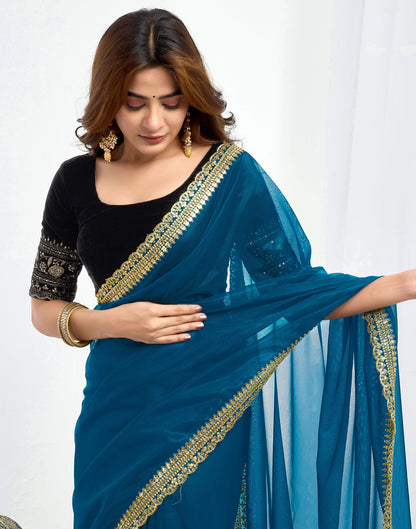 Rama Blue Shimmer Net Sequence And Embroidery Border Saree