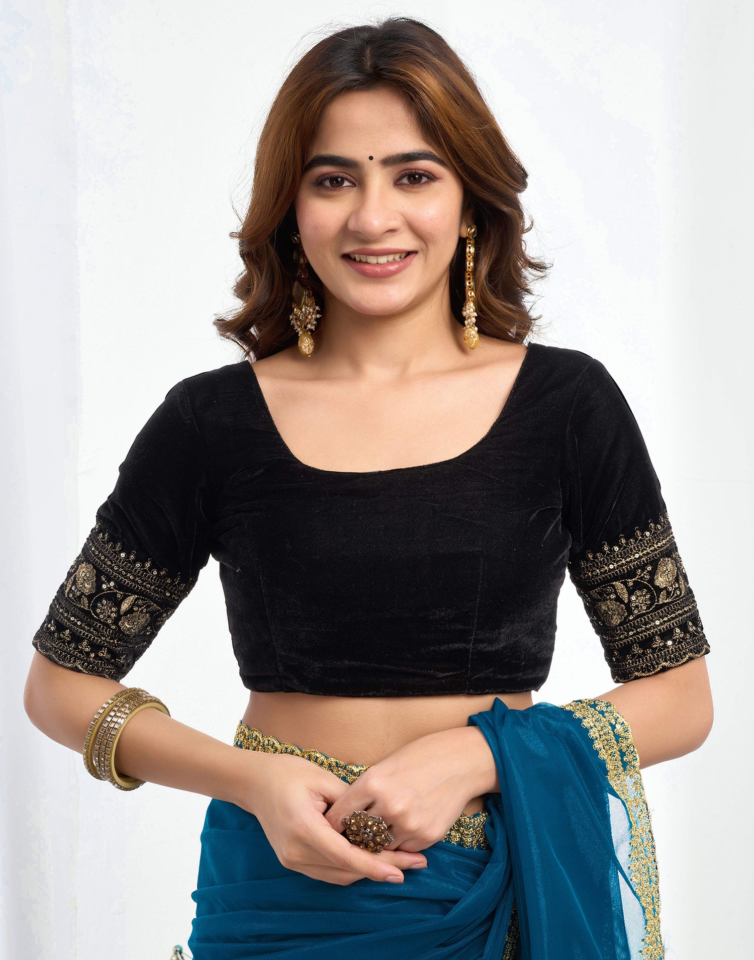 Rama Blue Shimmer Net Sequence And Embroidery Border Saree