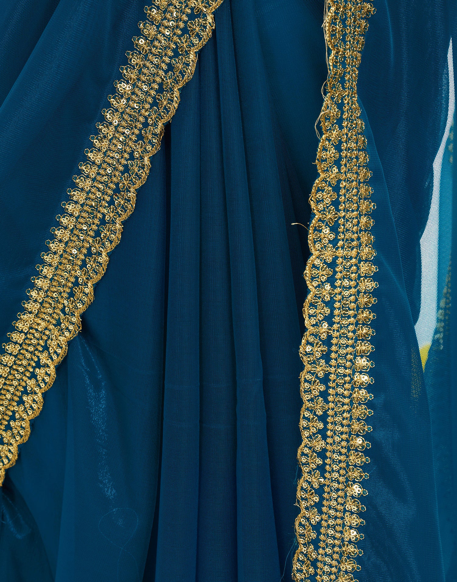 Rama Blue Shimmer Net Sequence And Embroidery Border Saree