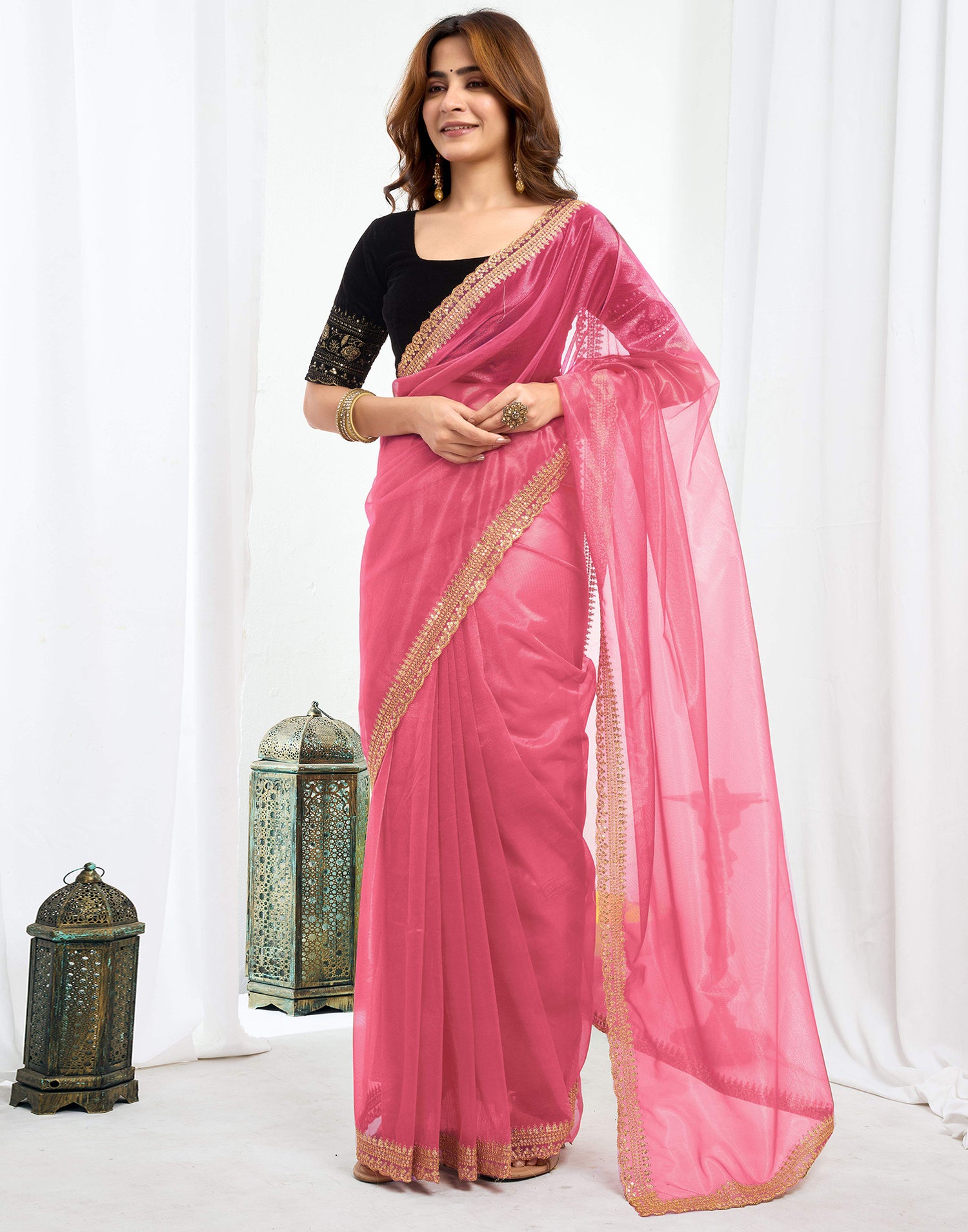Pink Shimmer Net Sequence And Embroidery Border Saree