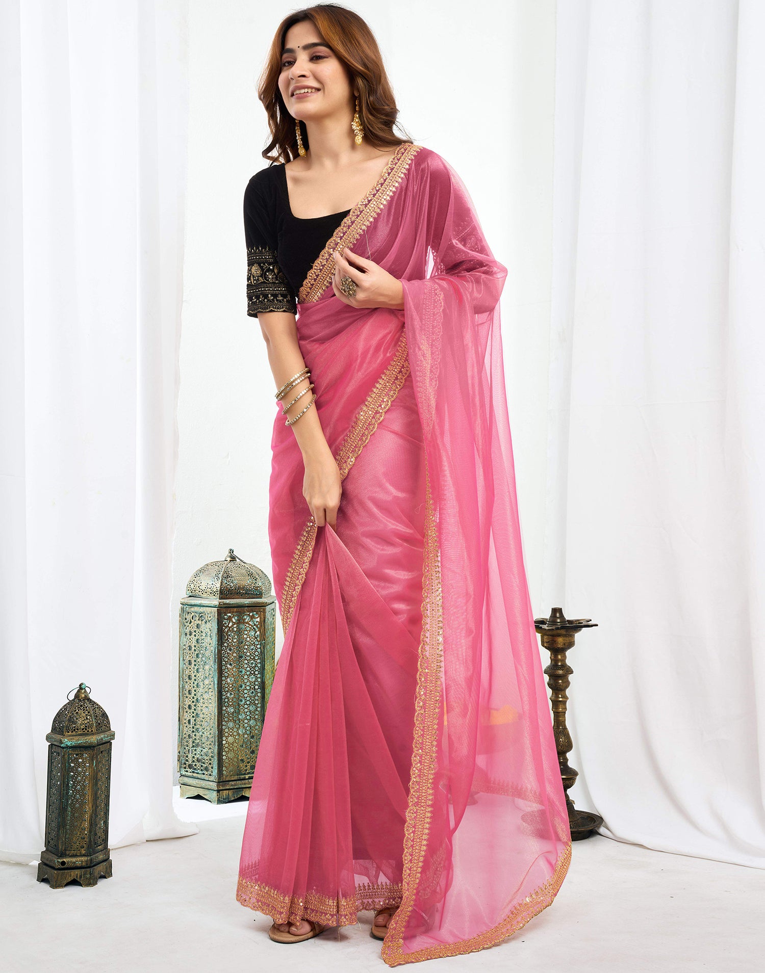 Pink Shimmer Net Sequence And Embroidery Border Saree