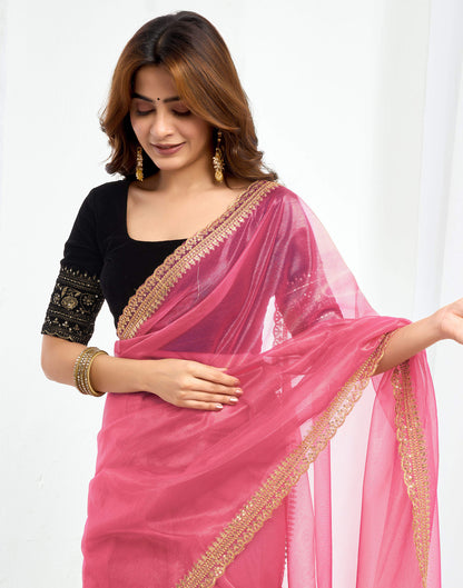 Pink Shimmer Net Sequence And Embroidery Border Saree