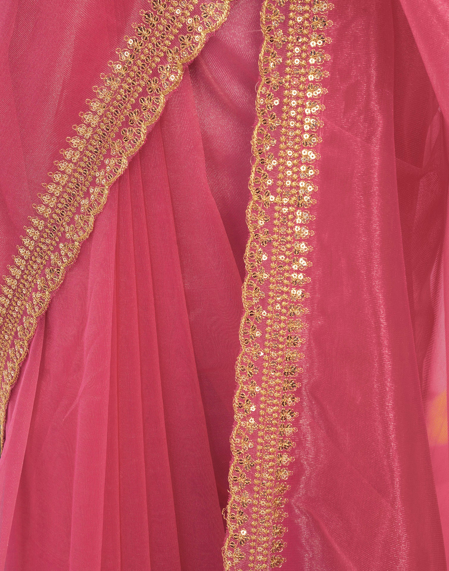 Pink Shimmer Net Sequence And Embroidery Border Saree