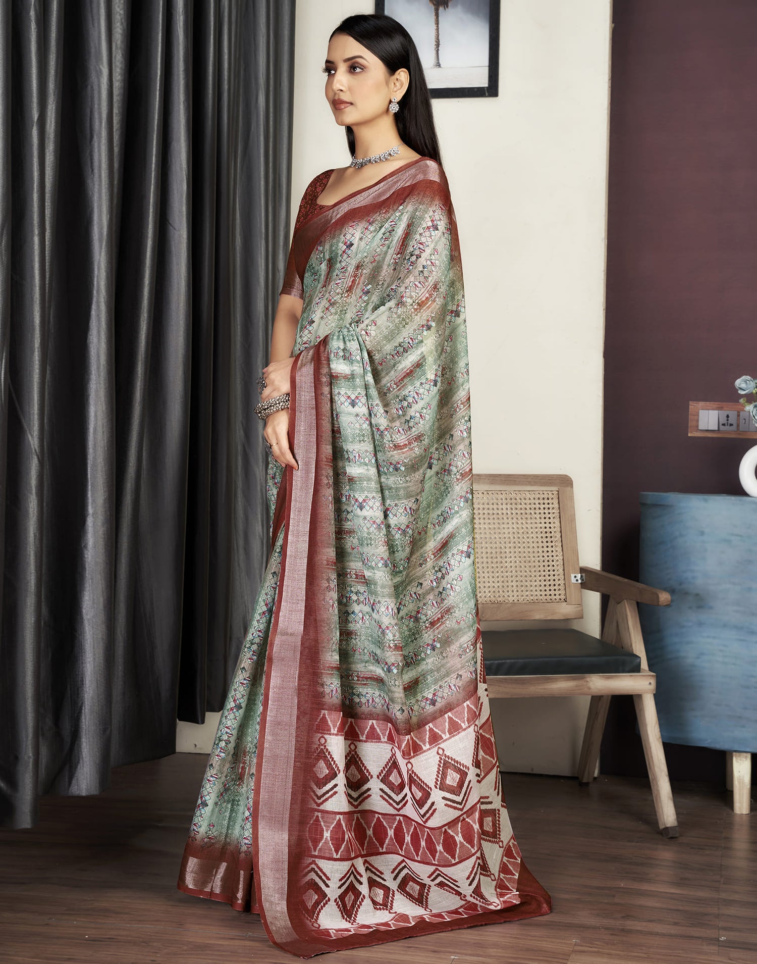 Chestnut Brown Cotton Printed Saree