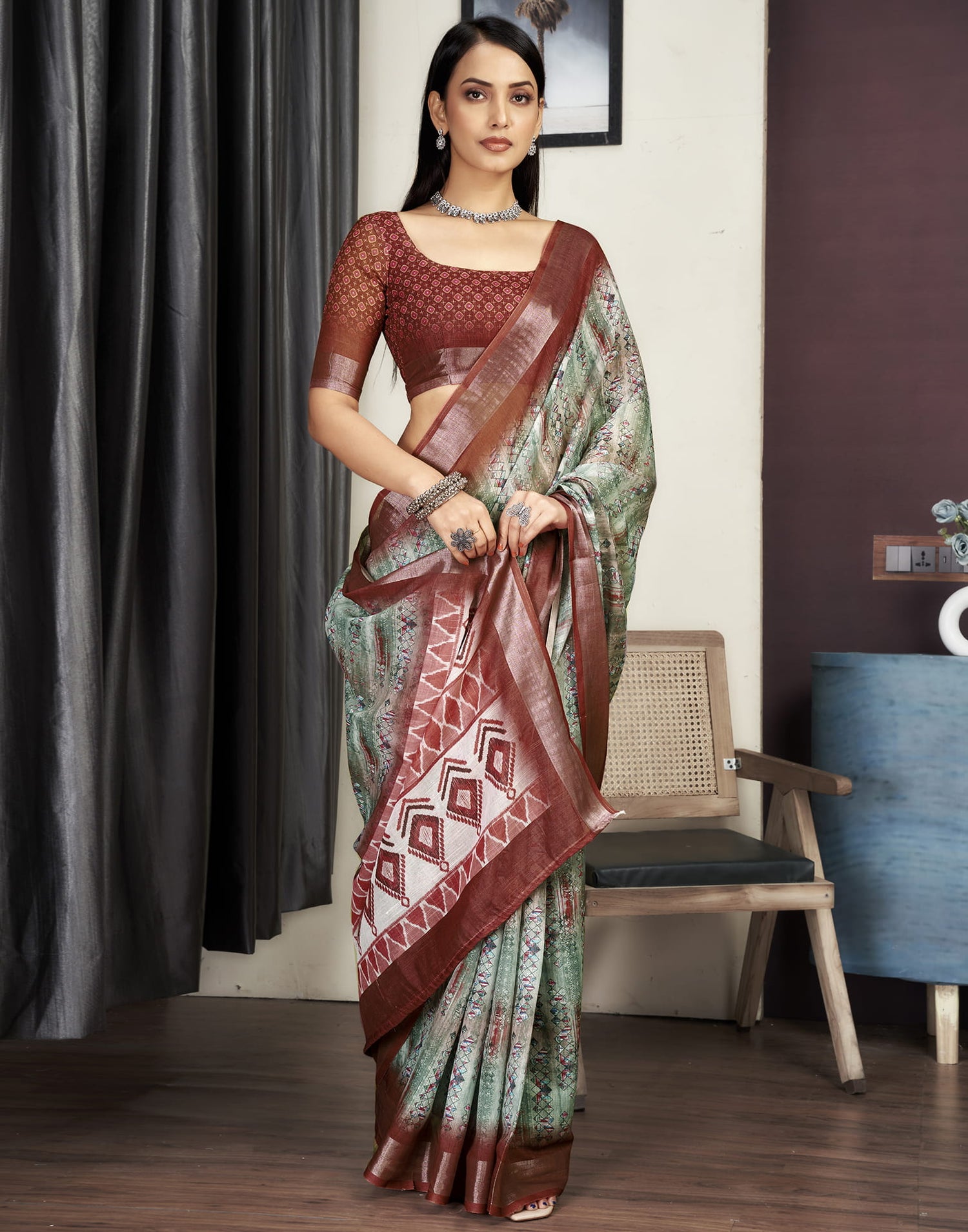 Chestnut Brown Cotton Printed Saree