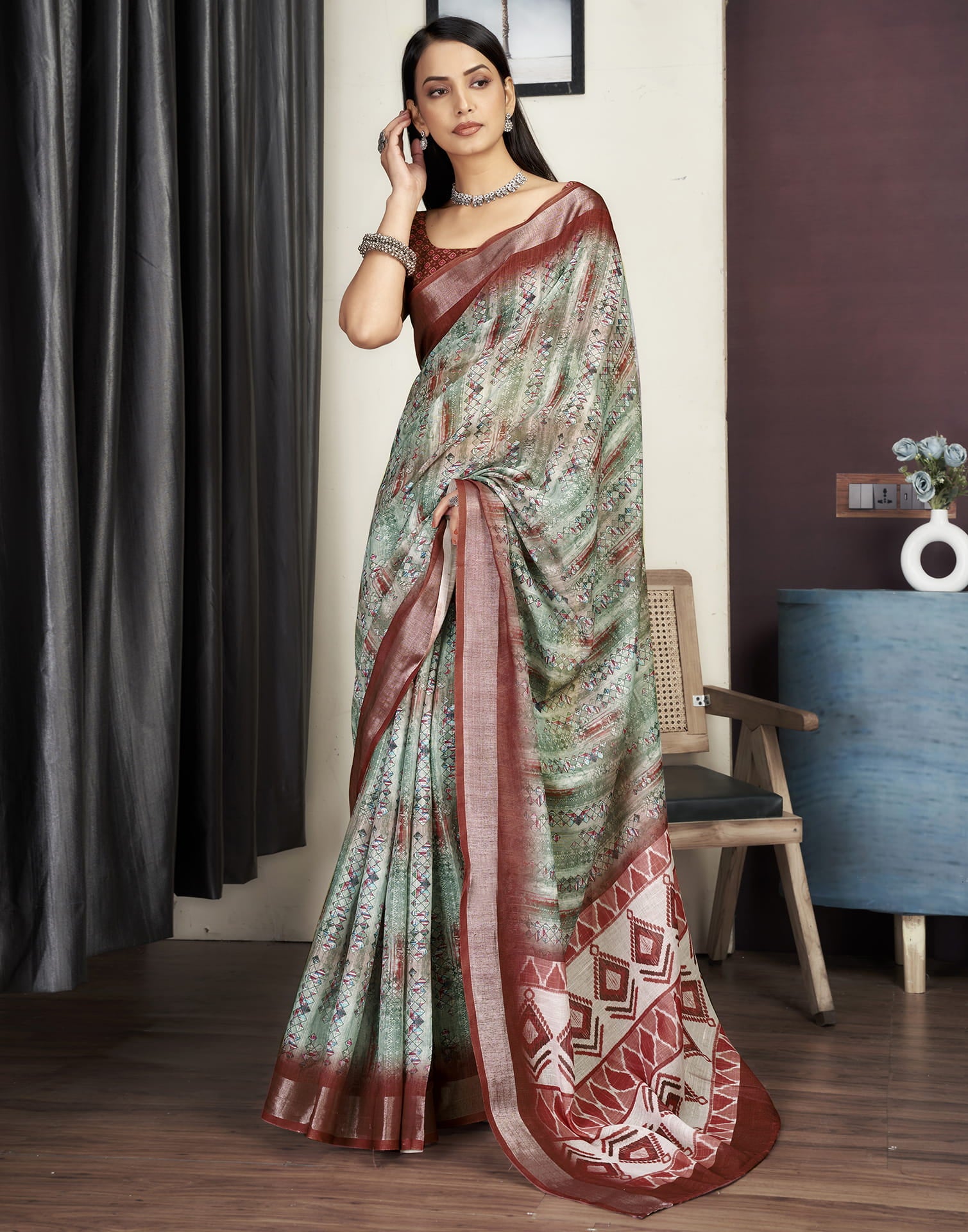 Chestnut Brown Cotton Printed Saree