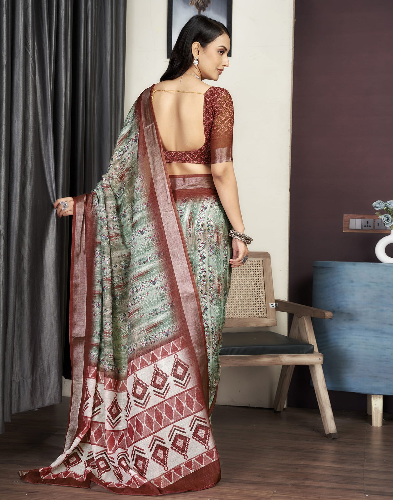 Chestnut Brown Cotton Printed Saree