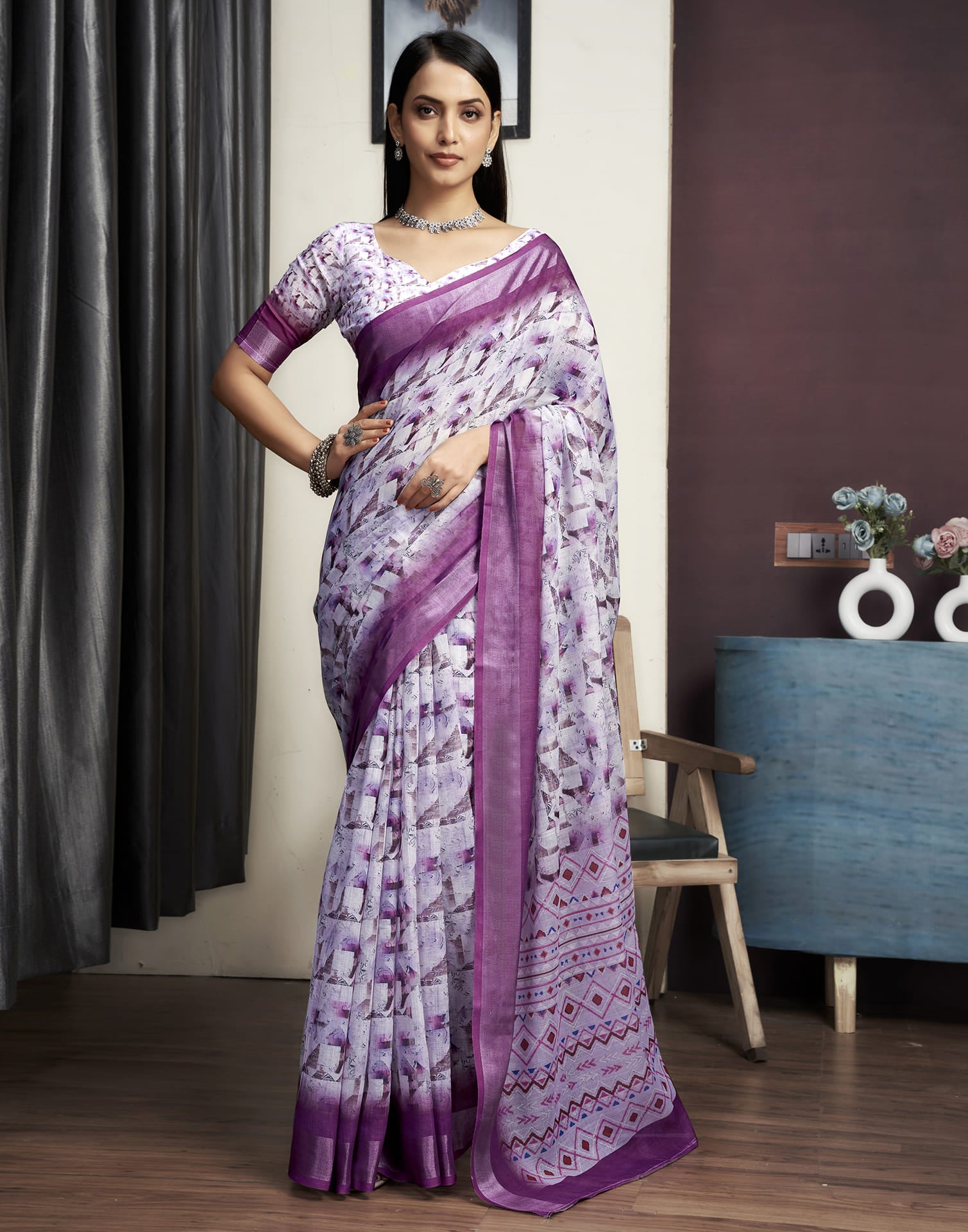 White Cotton Printed Saree