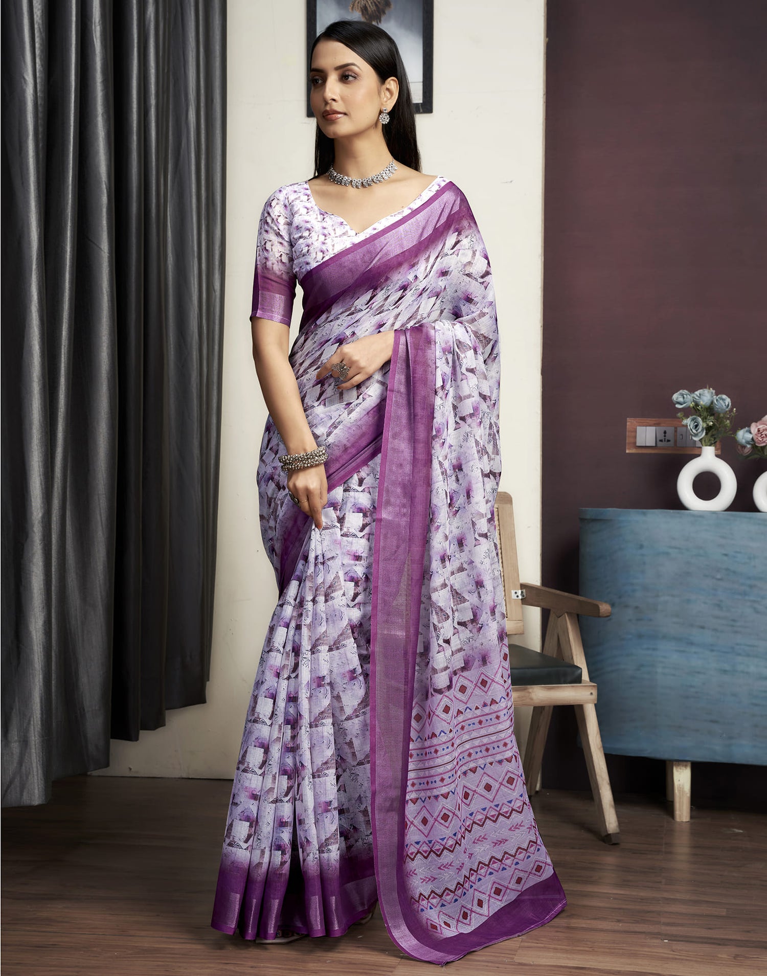 White Cotton Printed Saree