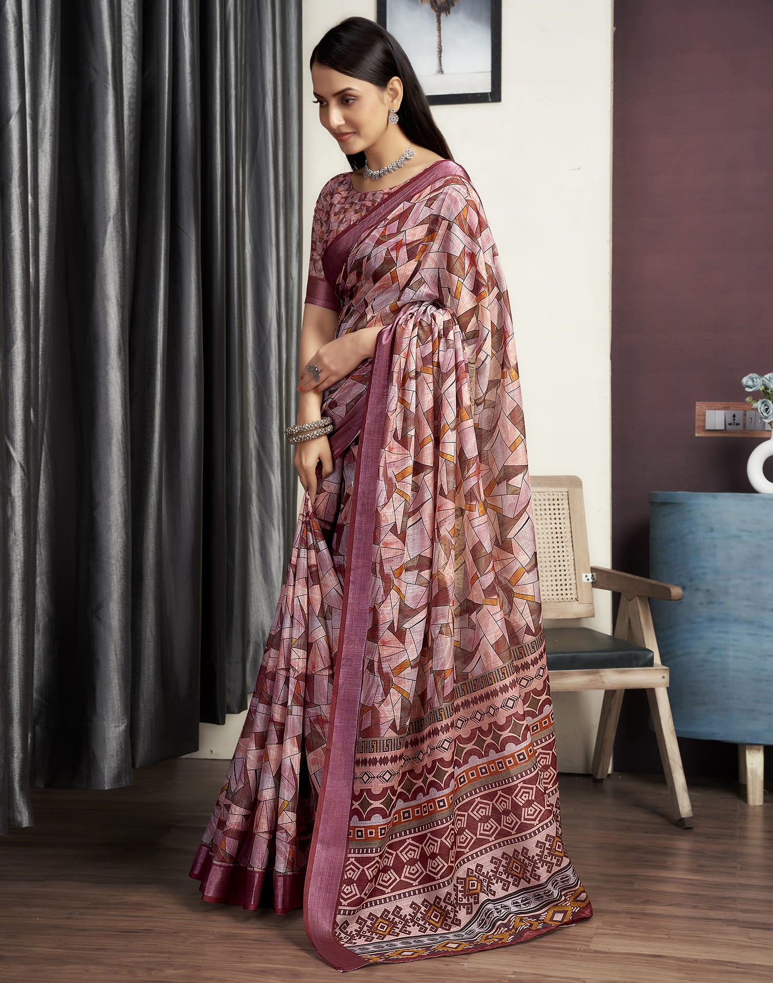 Chestnut Brown Cotton Printed Saree