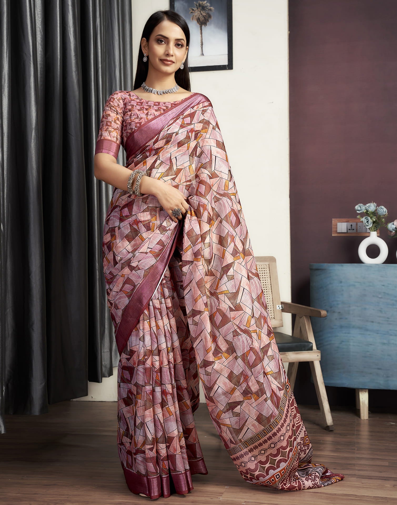 Chestnut Brown Cotton Printed Saree