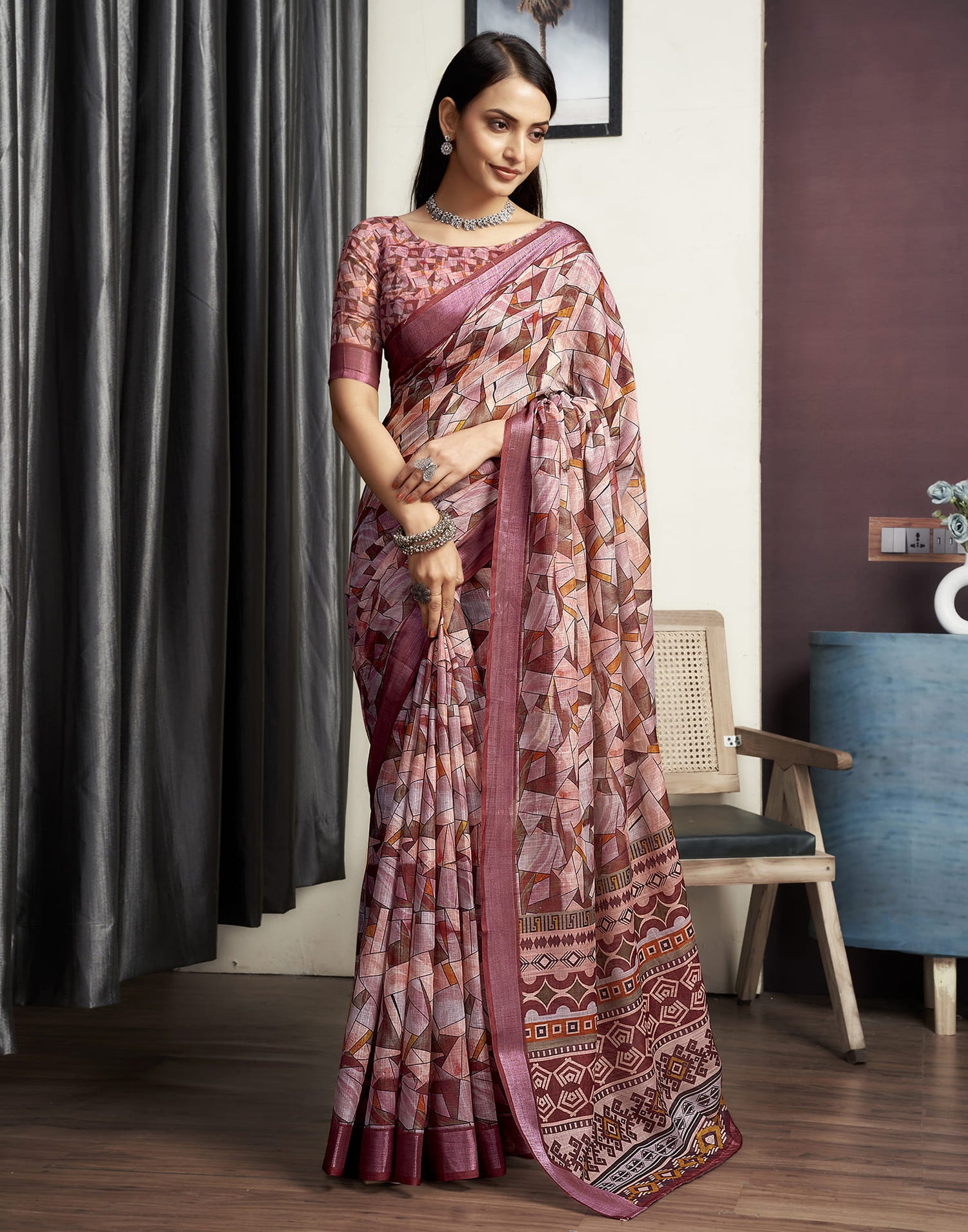 Chestnut Brown Cotton Printed Saree