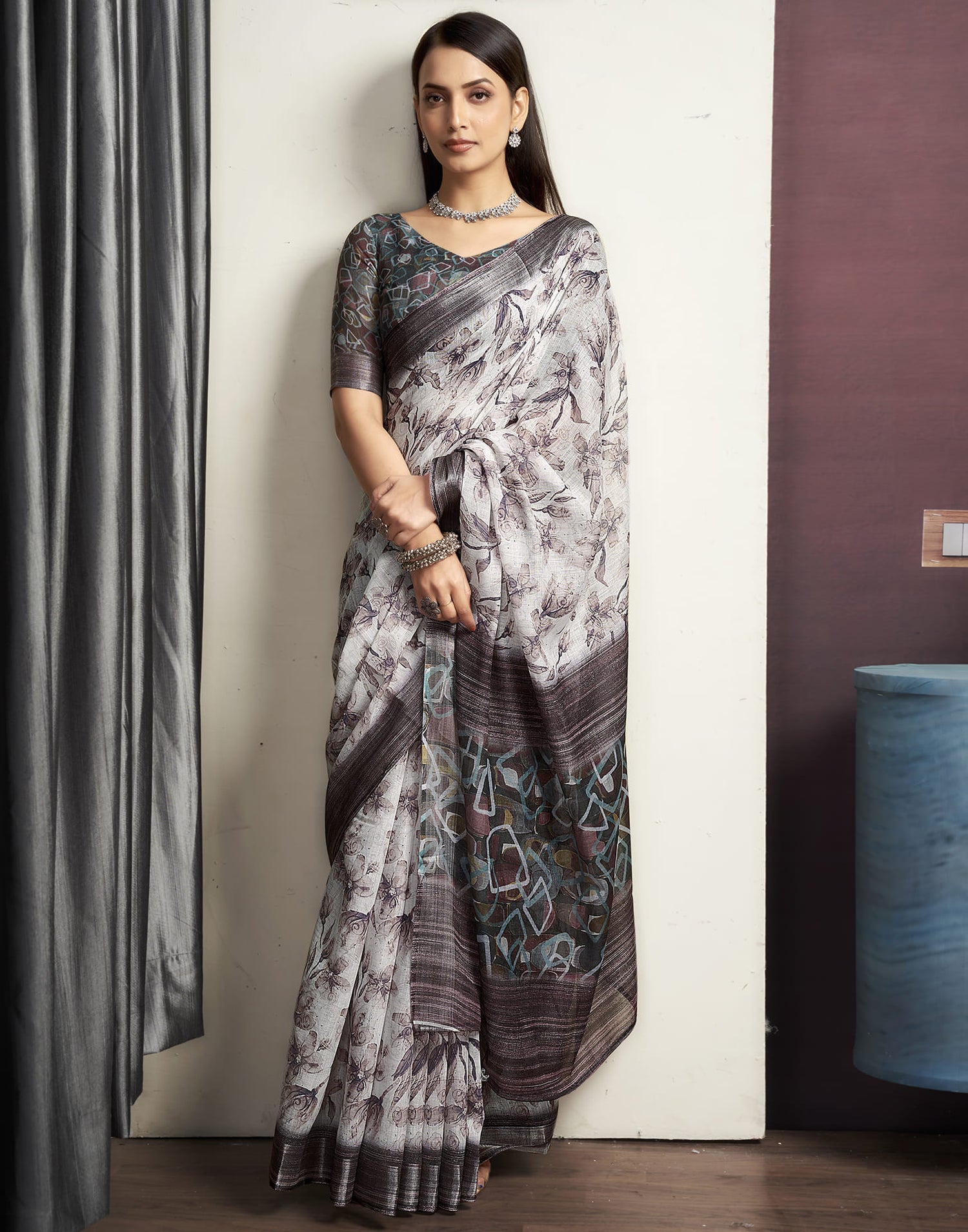 Light Grey Cotton Printed Saree