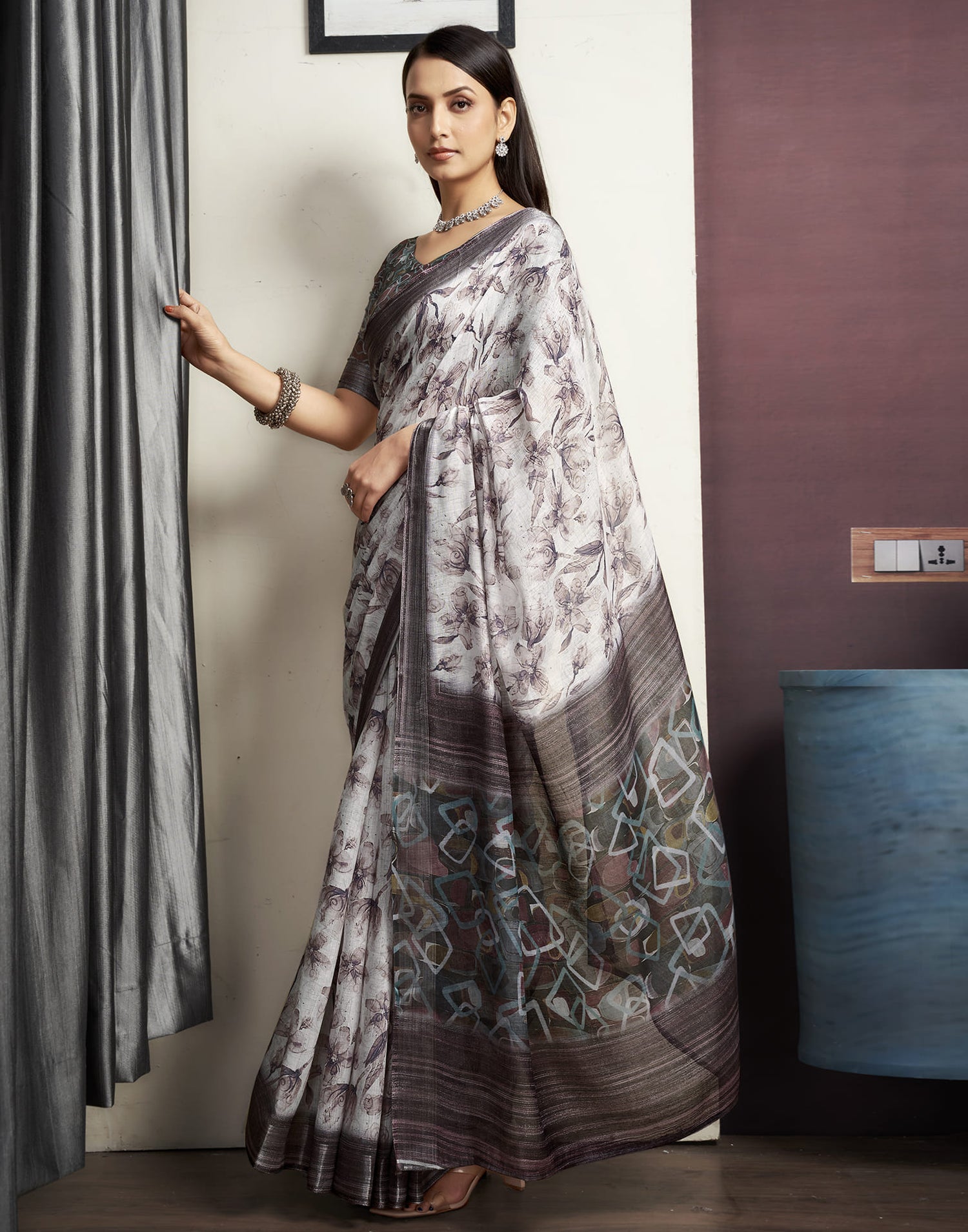 Light Grey Cotton Printed Saree