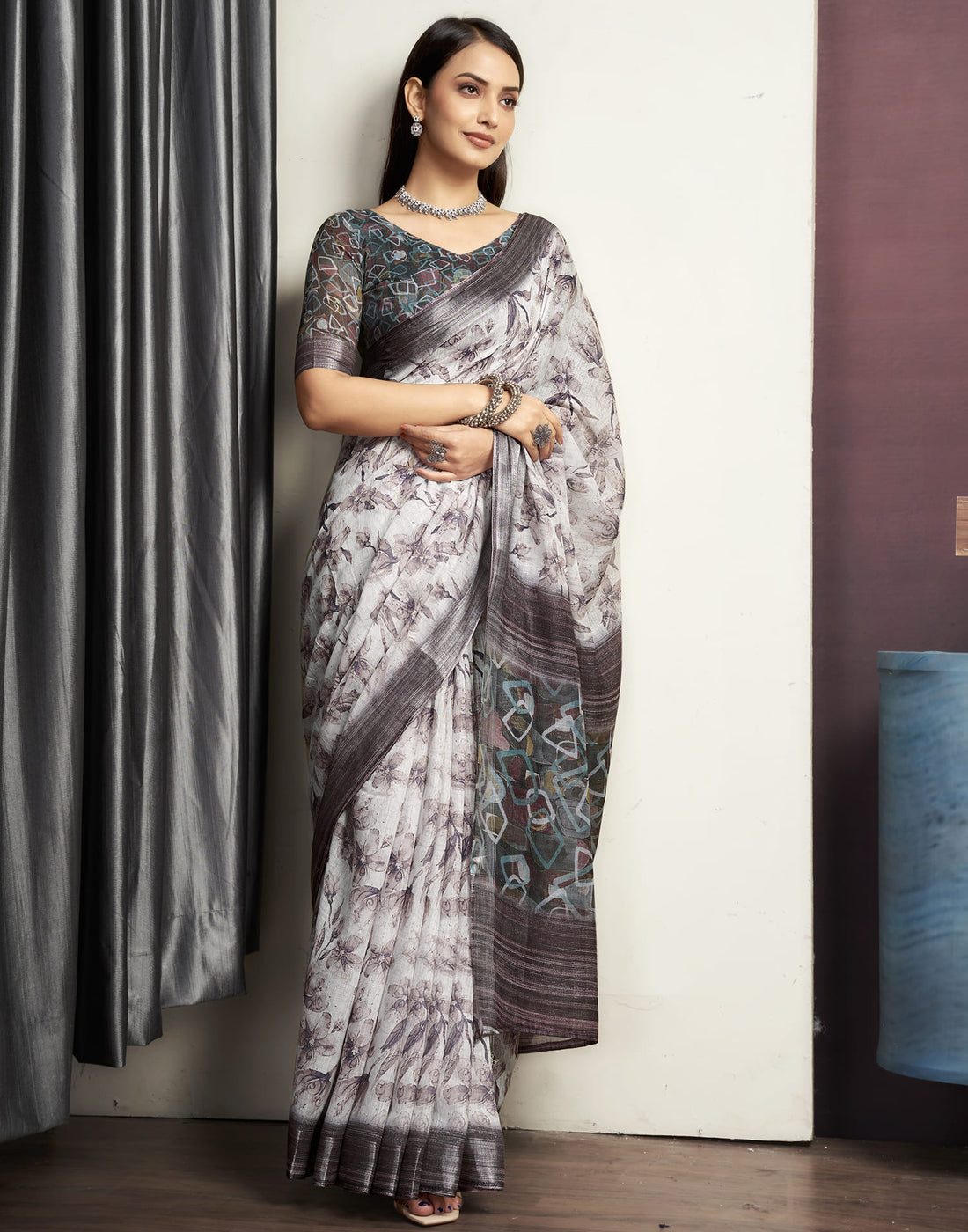 Light Grey Cotton Printed Saree