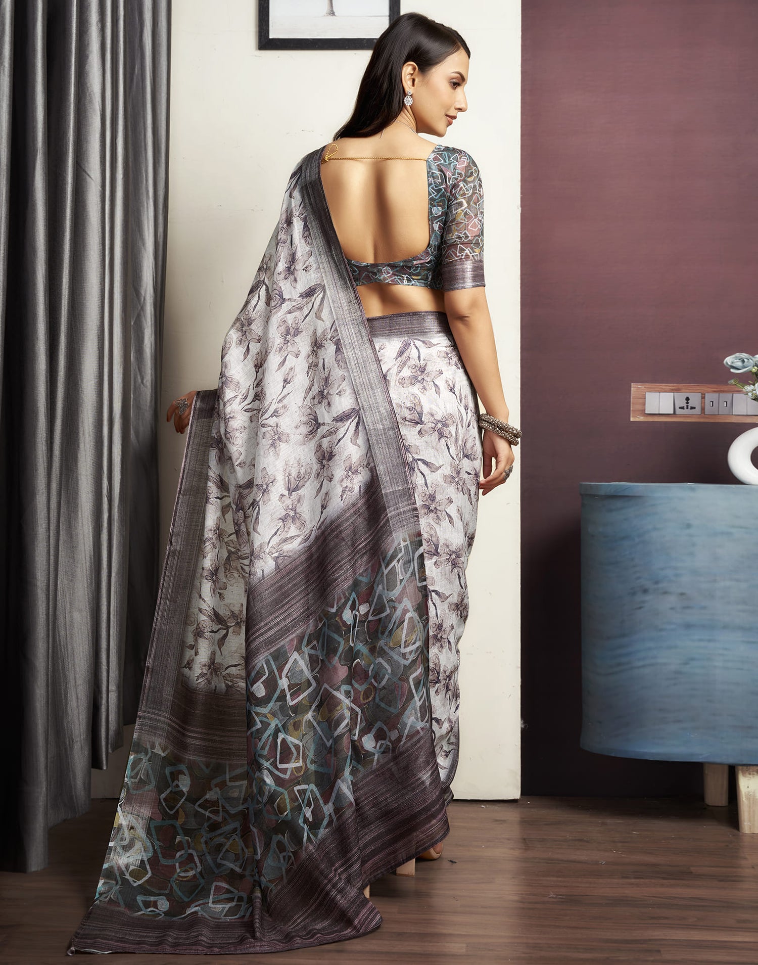 Light Grey Cotton Printed Saree