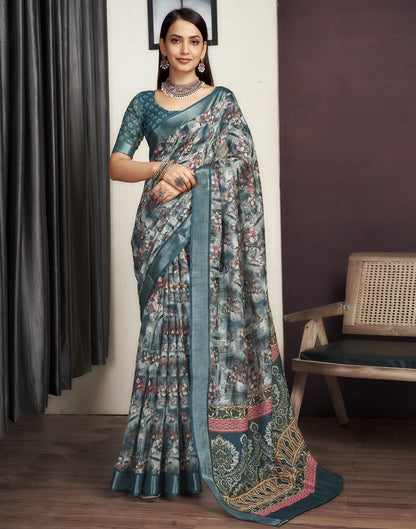 Grey Cotton Printed Saree