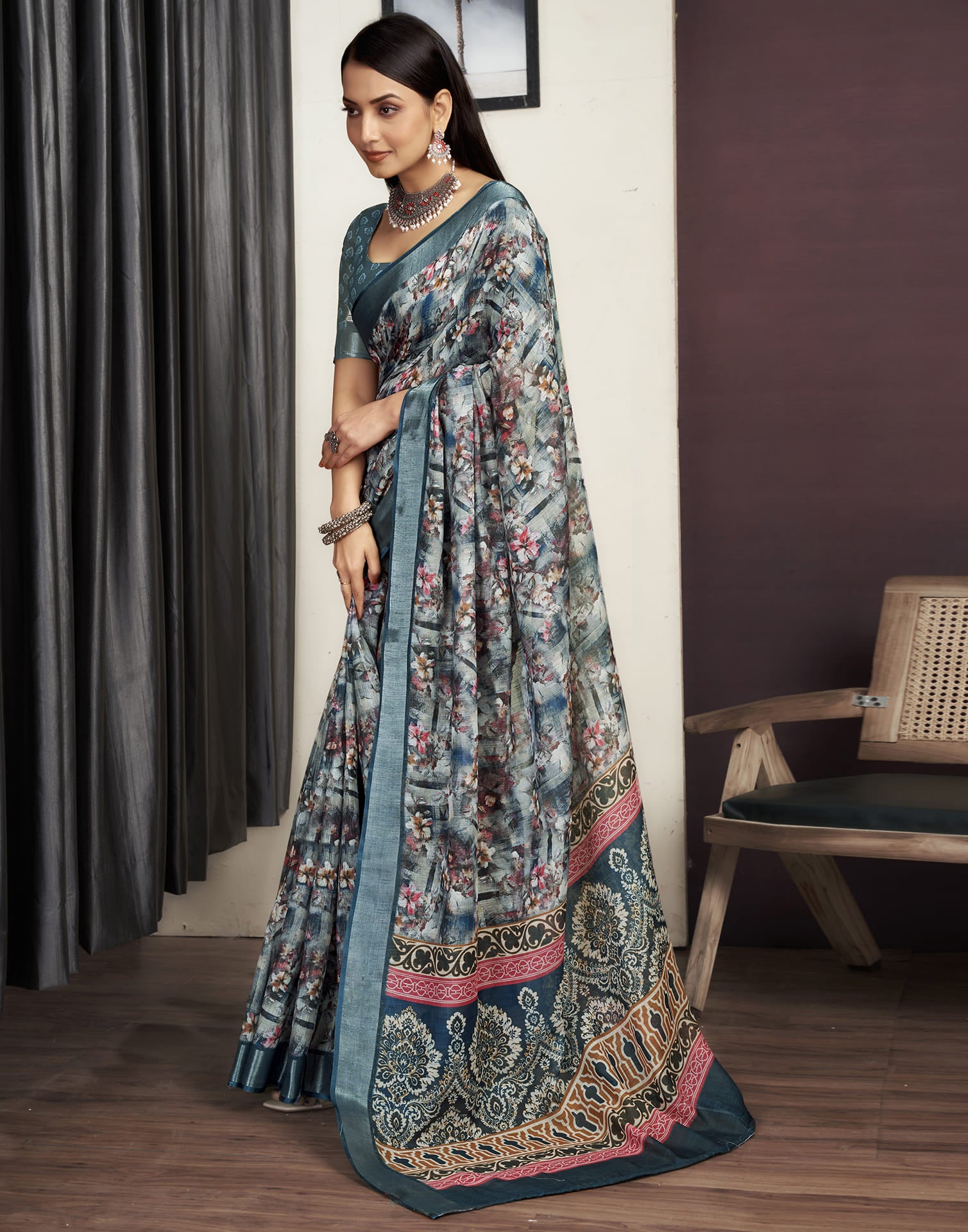 Grey Cotton Printed Saree