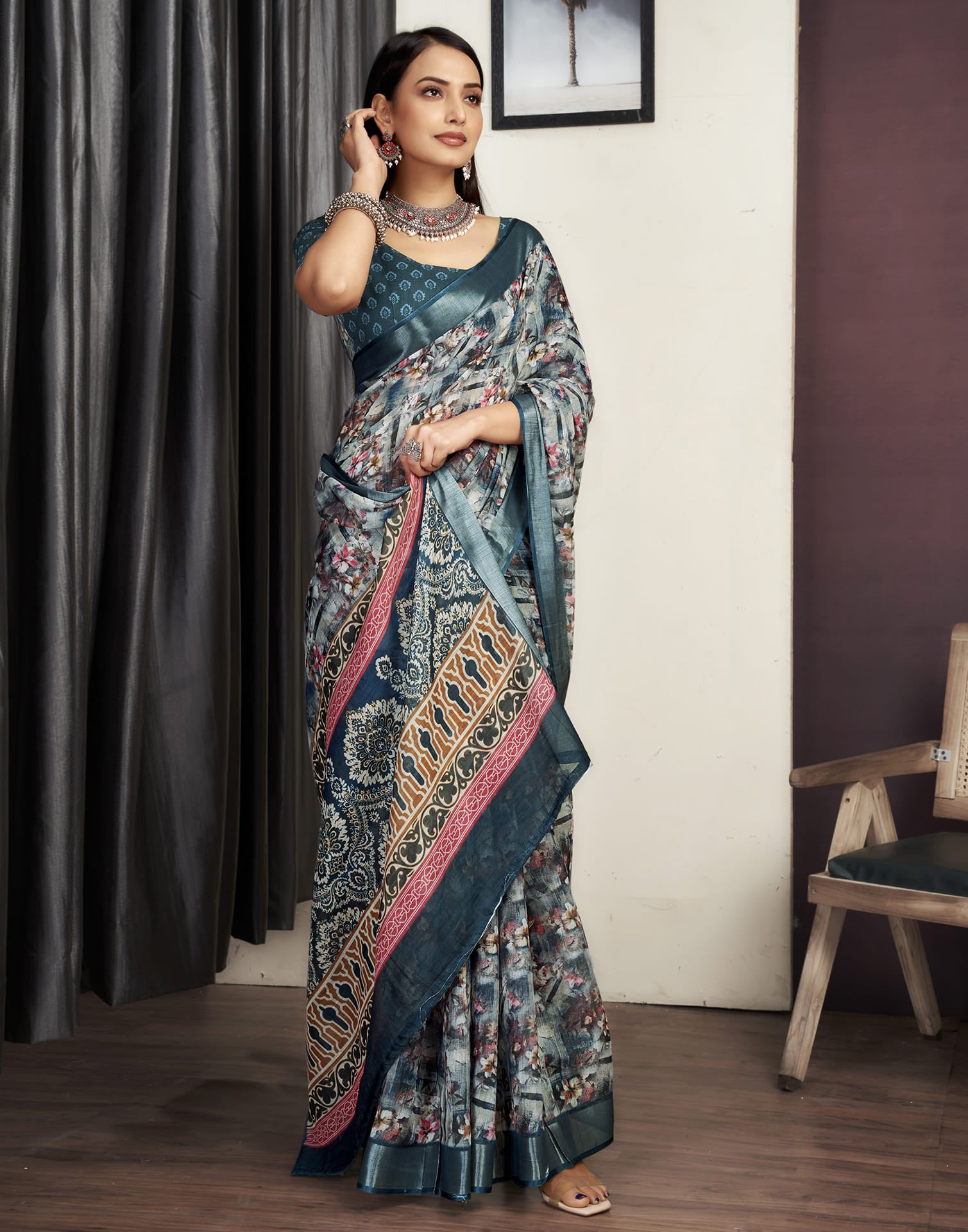 Grey Cotton Printed Saree