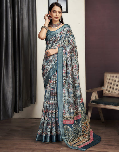 Grey Cotton Printed Saree