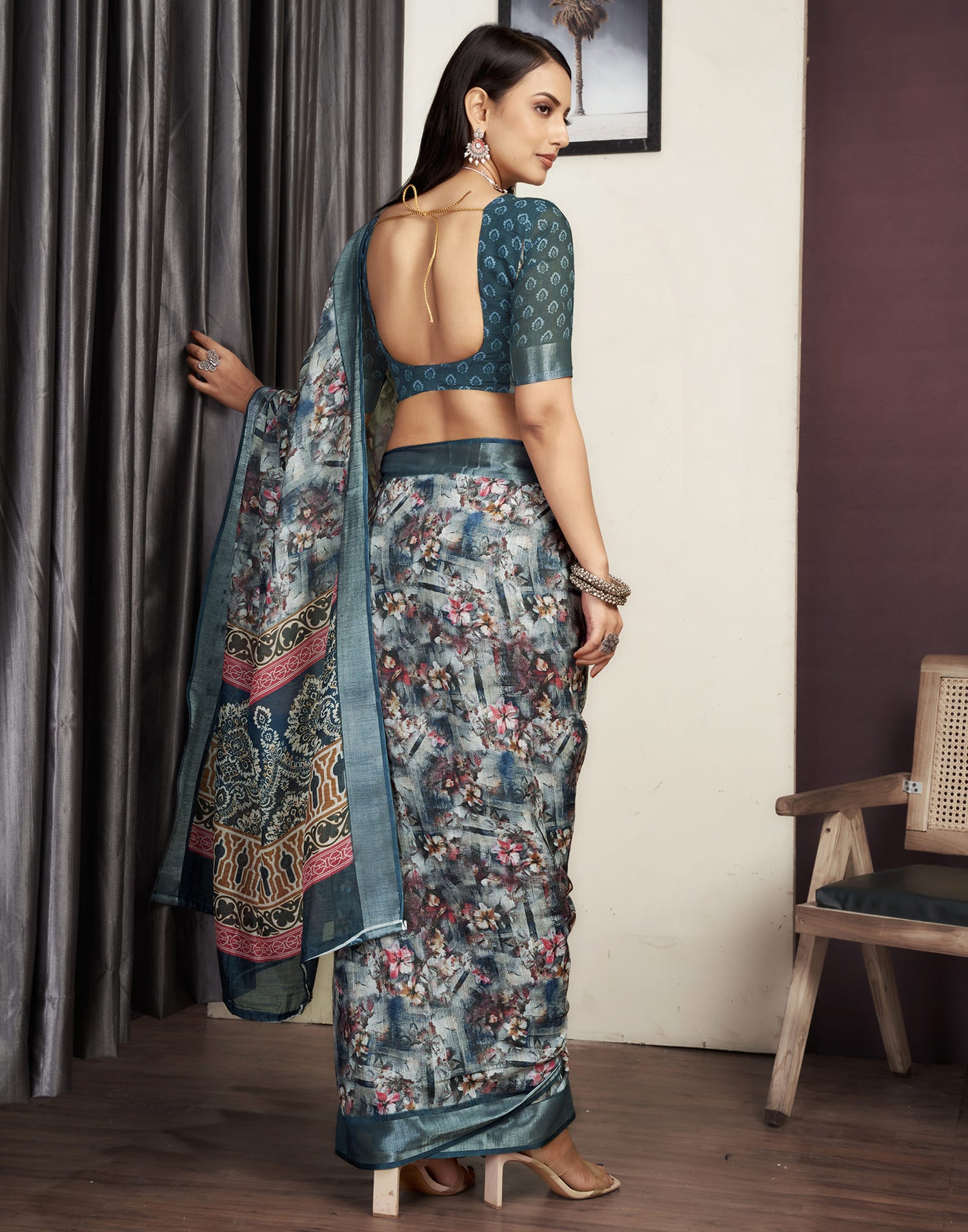 Grey Cotton Printed Saree