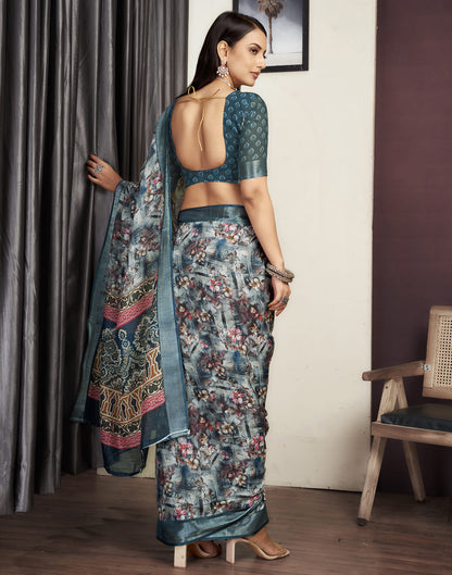 Grey Cotton Printed Saree