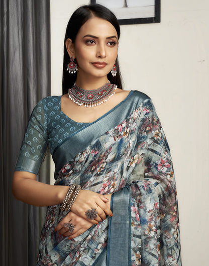 Grey Cotton Printed Saree