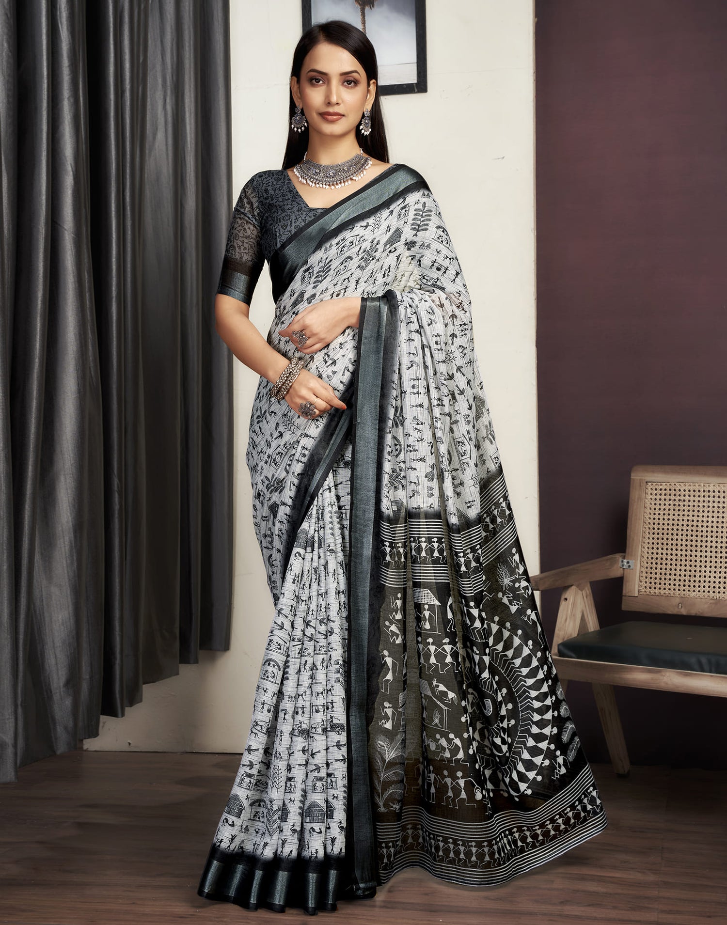 Light Grey Cotton Printed Saree