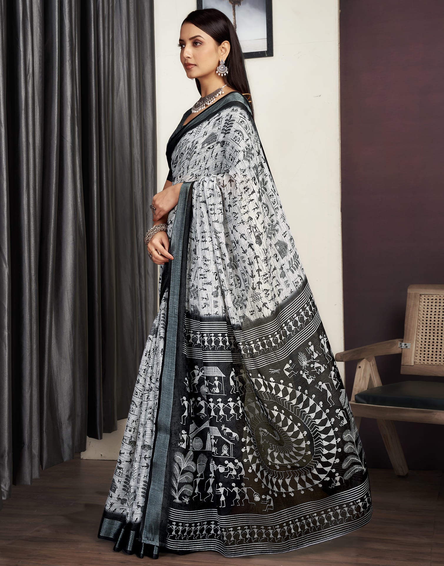 Light Grey Cotton Printed Saree