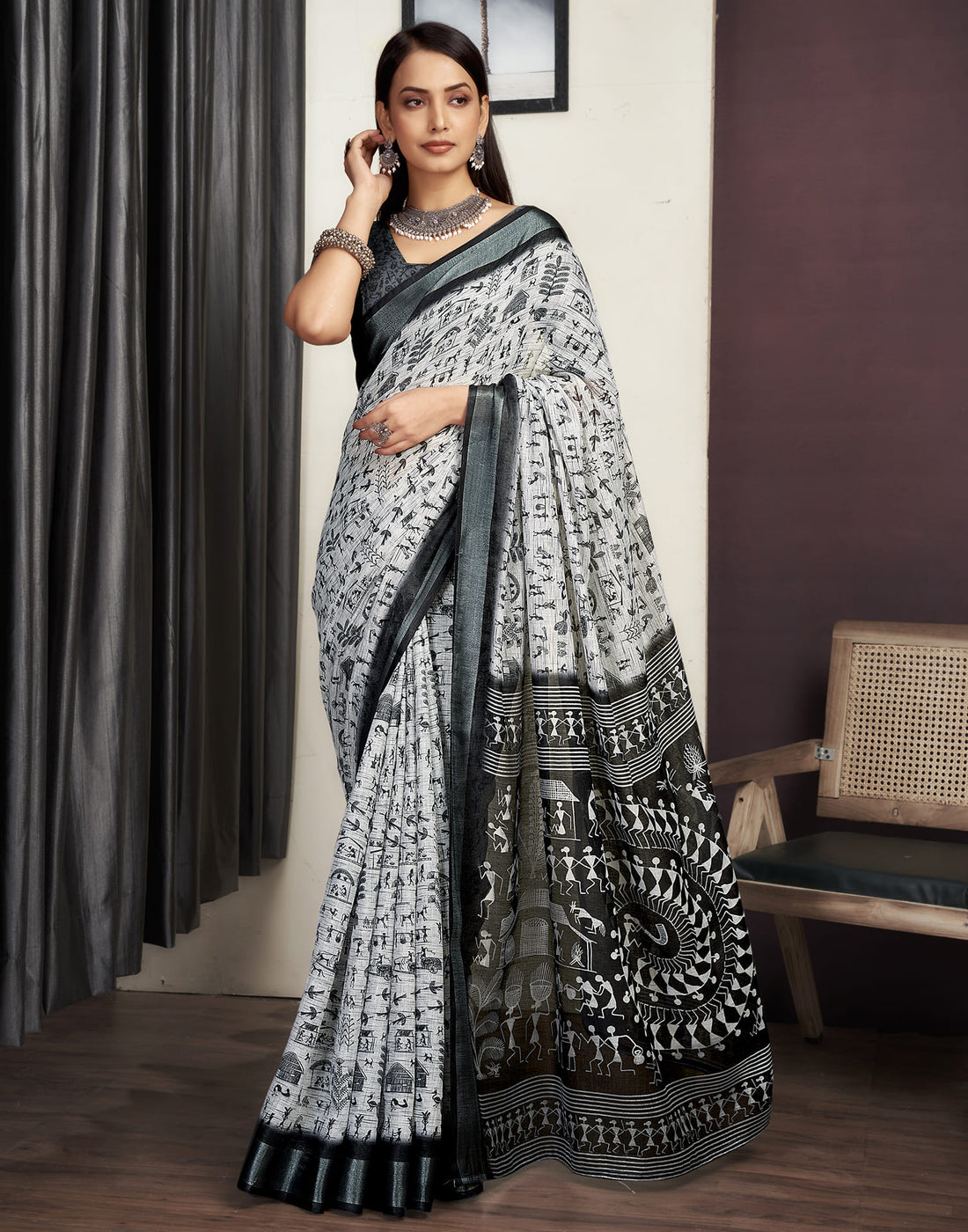 Light Grey Cotton Printed Saree